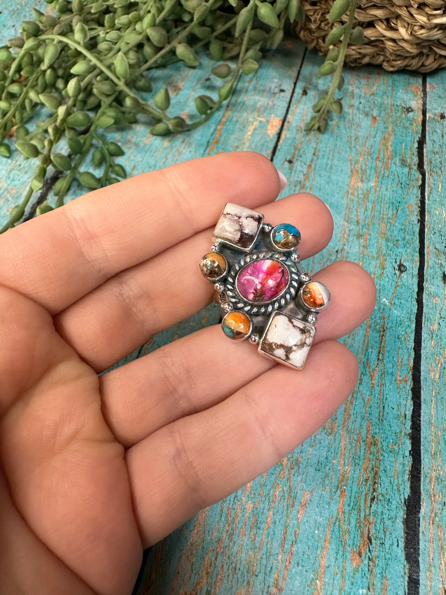 Beautiful Handmade Pink Dream Mojave, Wild Horse, Spice And Sterling Silver Adjustable Cluster Ring