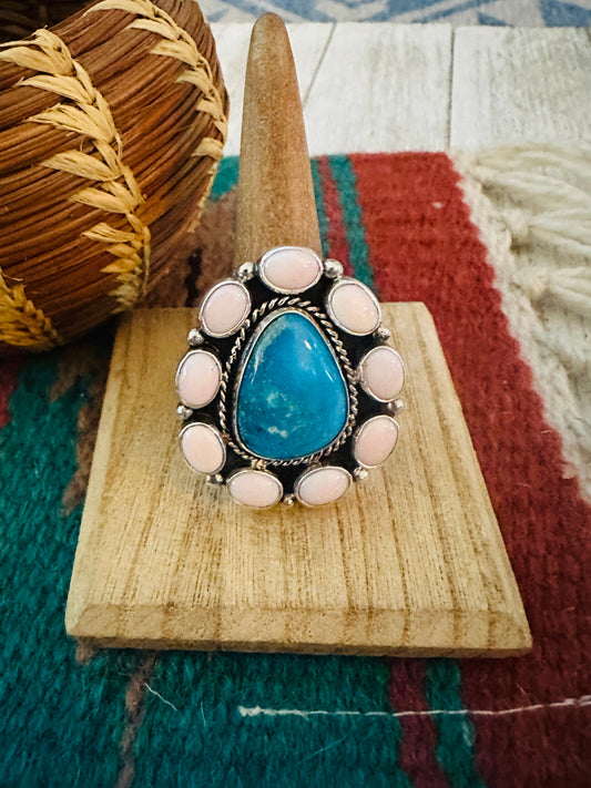 Navajo Sterling Silver, Queen Pink Conch & Turquoise Cluster Adjustable Ring