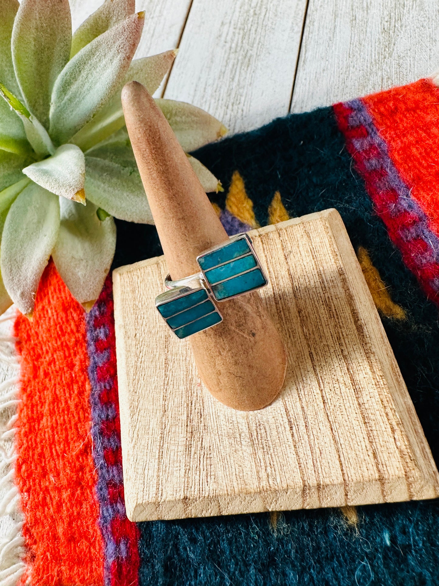 Zuni Turquoise & Sterling Silver Inlay Square Adjustable Ring