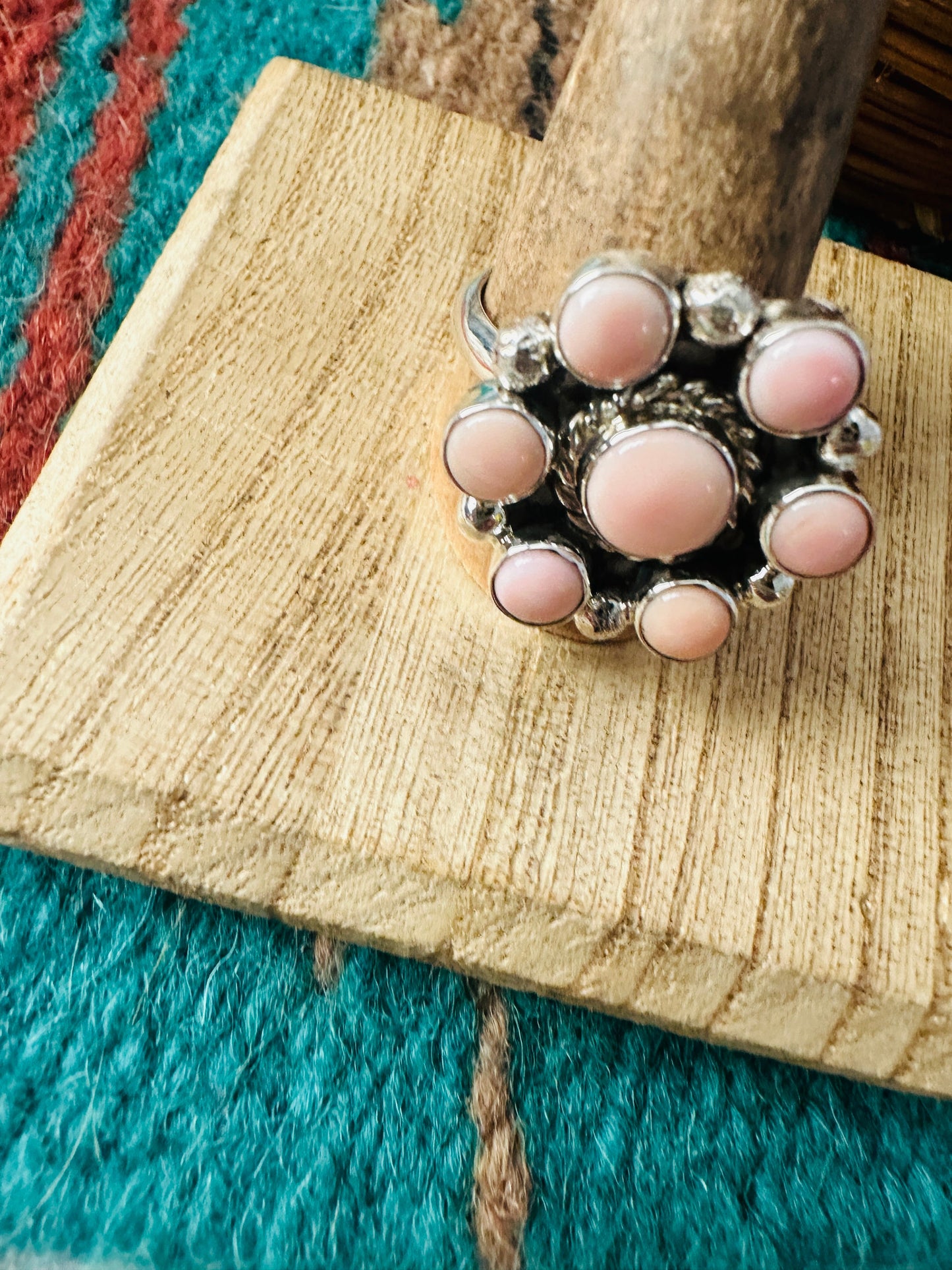 Navajo Sterling Silver & Queen Pink Conch Cluster Adjustable Ring