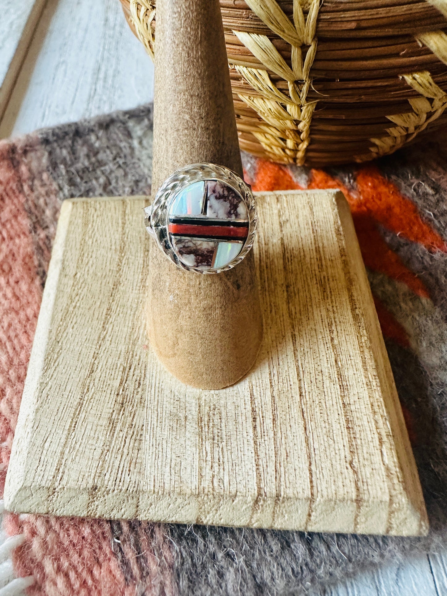 Navajo Sterling Silver & Multi Stone Inlay Ring Size 6