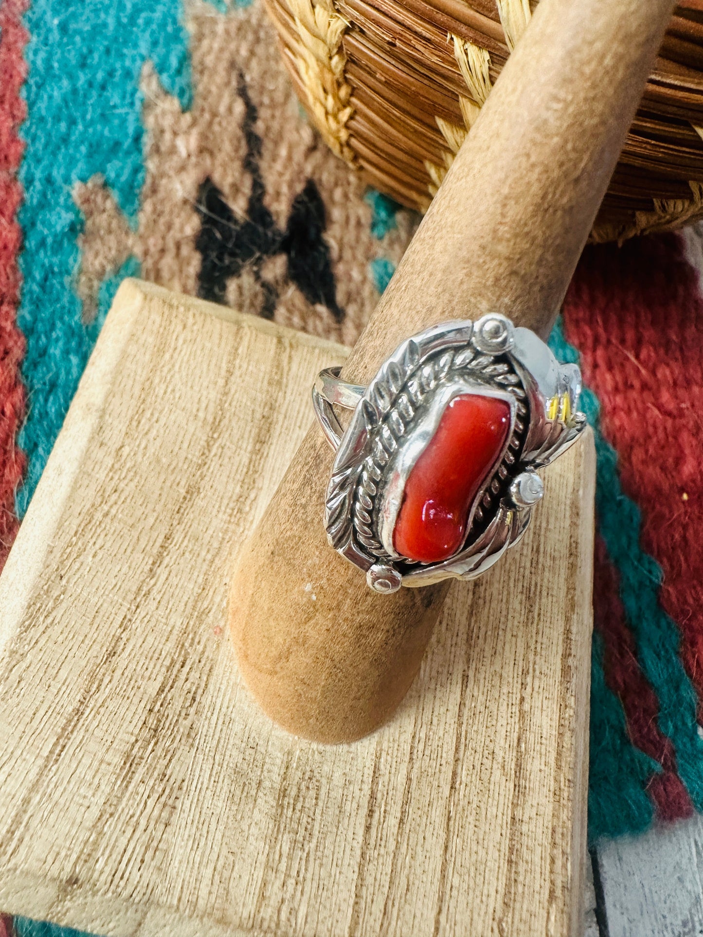 Navajo Coral & Sterling Silver Ring Size 5.5