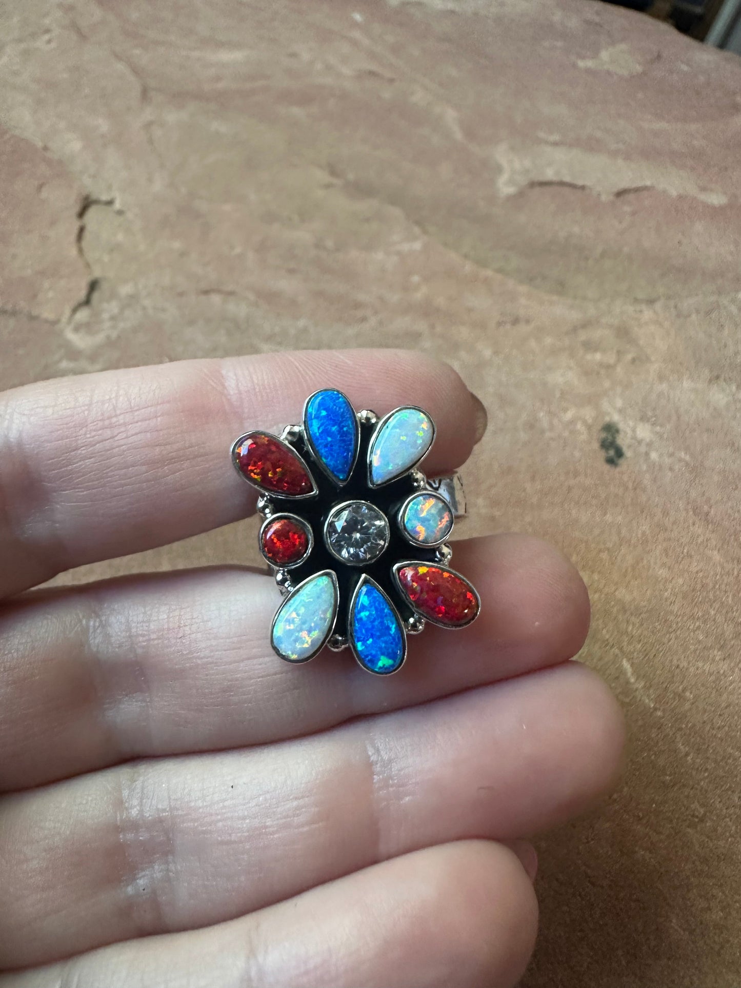 4TH OF JULY COLLECTION Handmade Red, White & Blue Fire Opal & Sterling Silver Adjustable Ring Signed Nizhoni