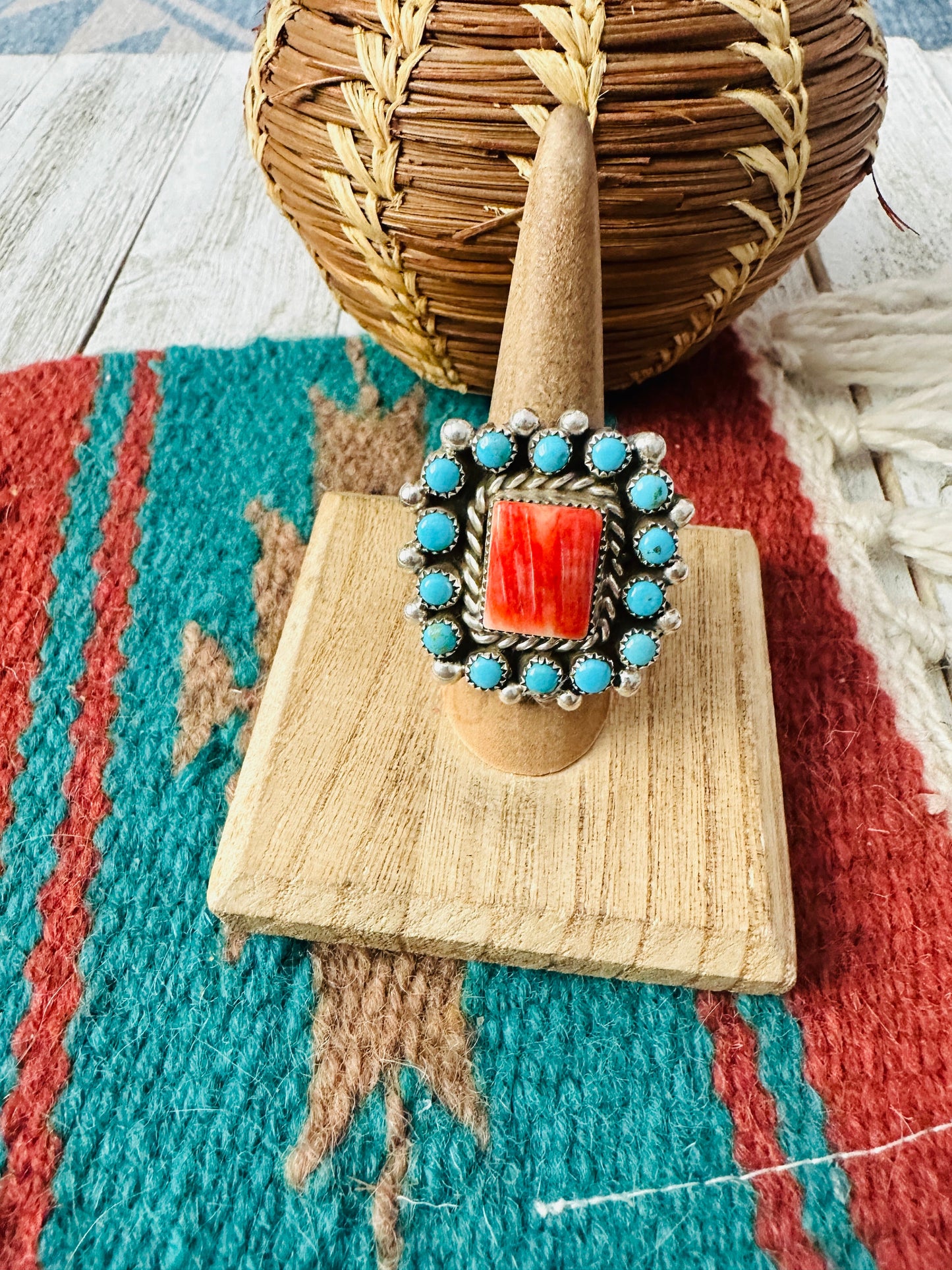 Navajo Sterling Silver, Spiny & Turquoise Cluster Adjustable Ring