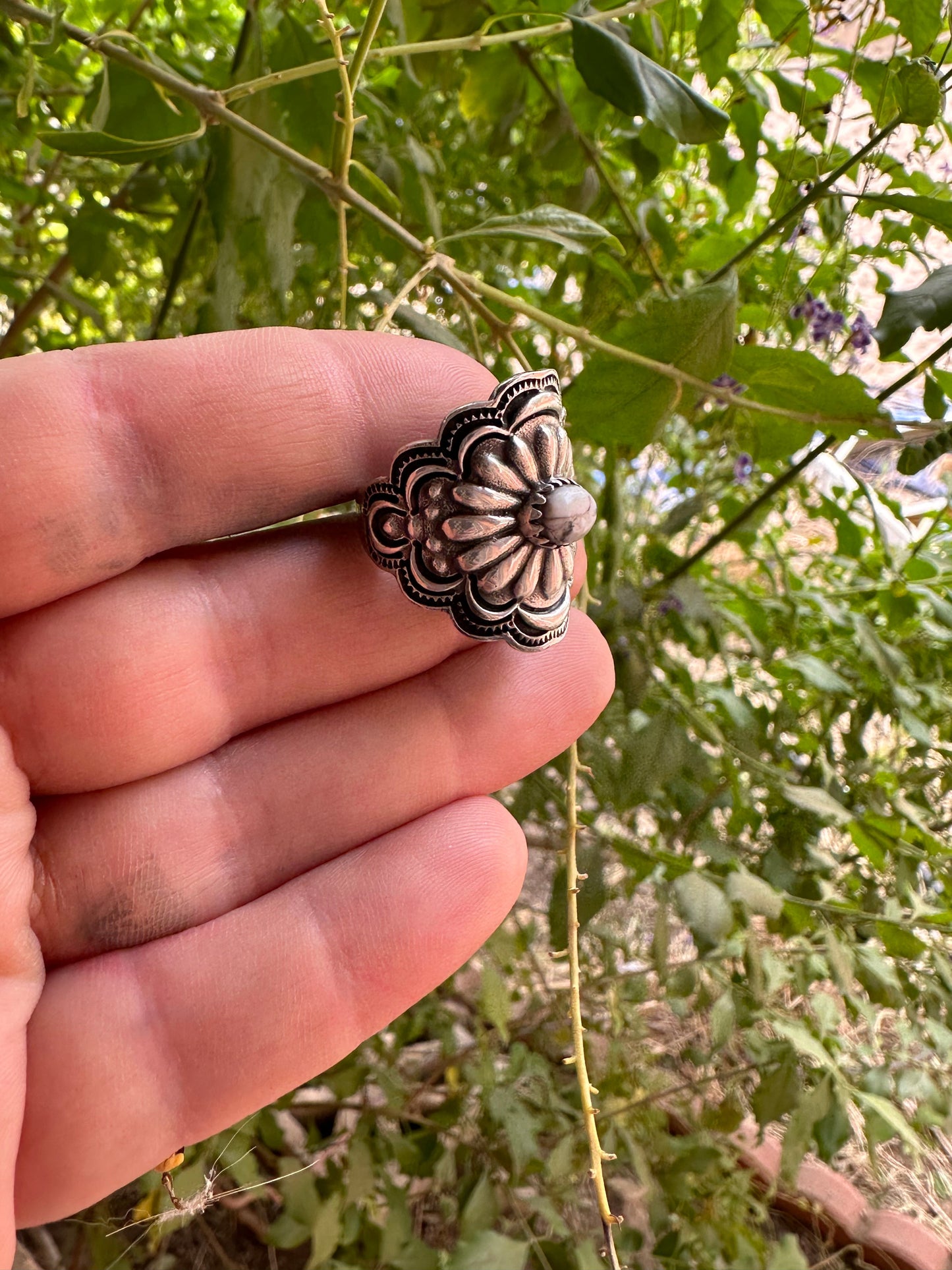 Beautiful Concho Handmade White Buffalo And Sterling Silver Adjustable Ring