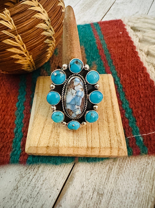 Navajo Sterling Silver & Multi Turquoise Cluster Adjustable Ring