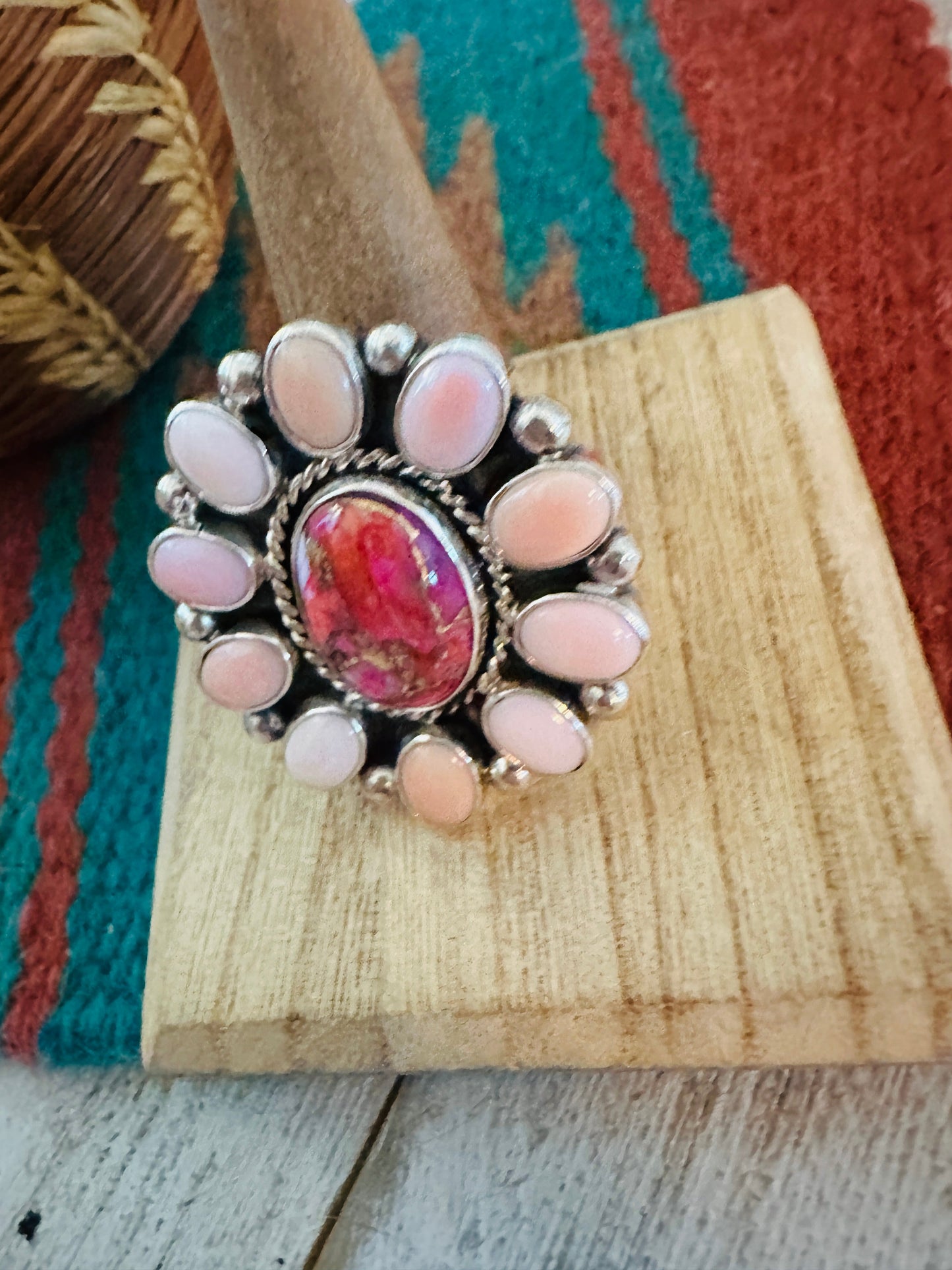 Navajo Sterling Silver, Queen Pink Conch & Pink Dream Cluster Adjustable Ring