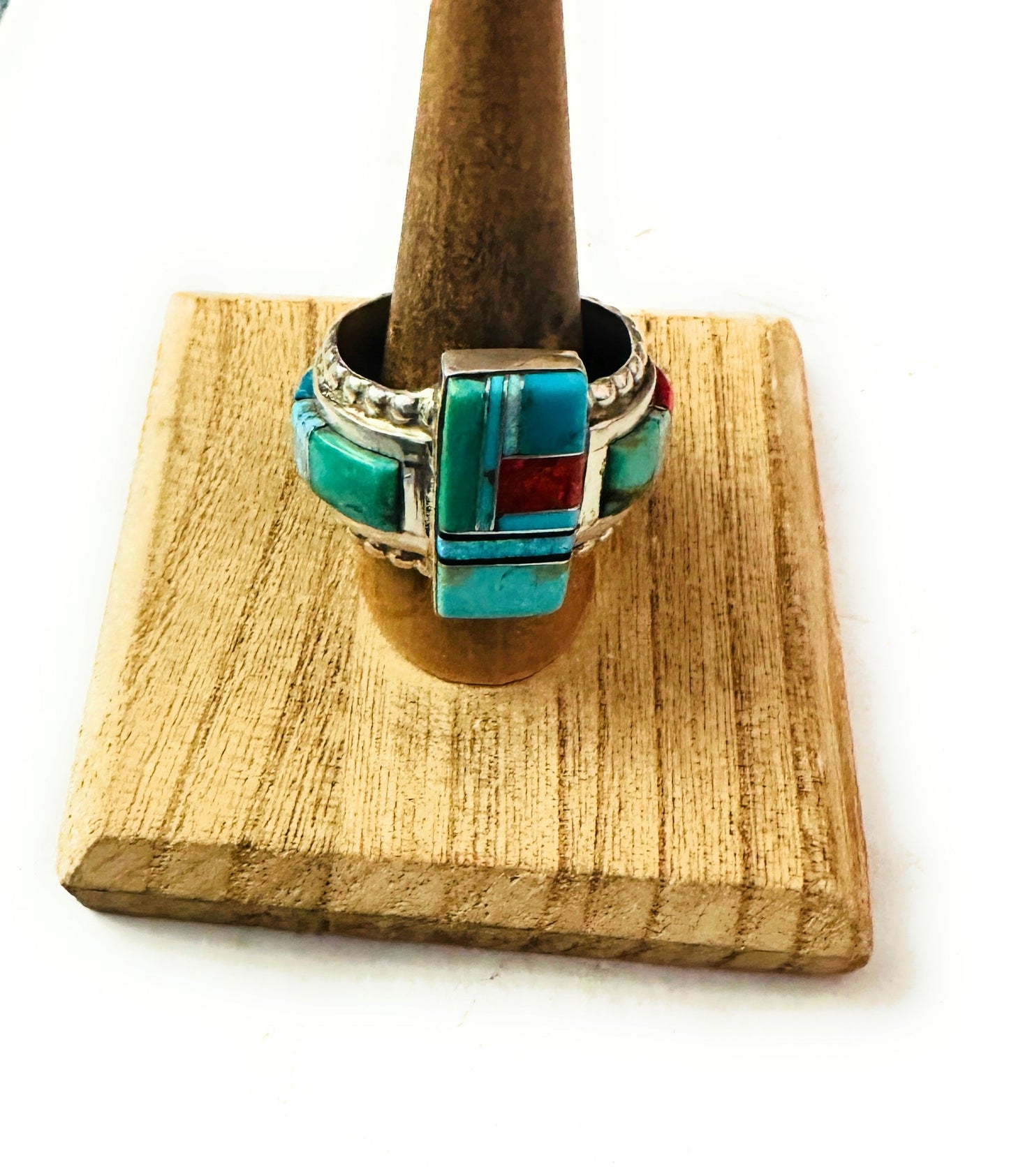 Navajo Sterling Silver & Multi Stone Inlay Ring Size 13