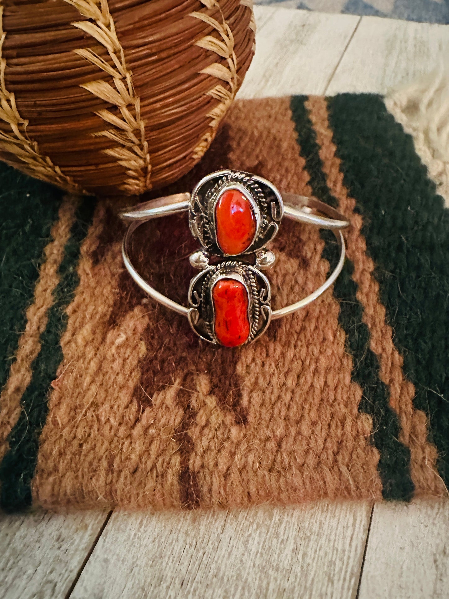 Old Pawn Navajo Sterling Silver & Coral Cuff Bracelet