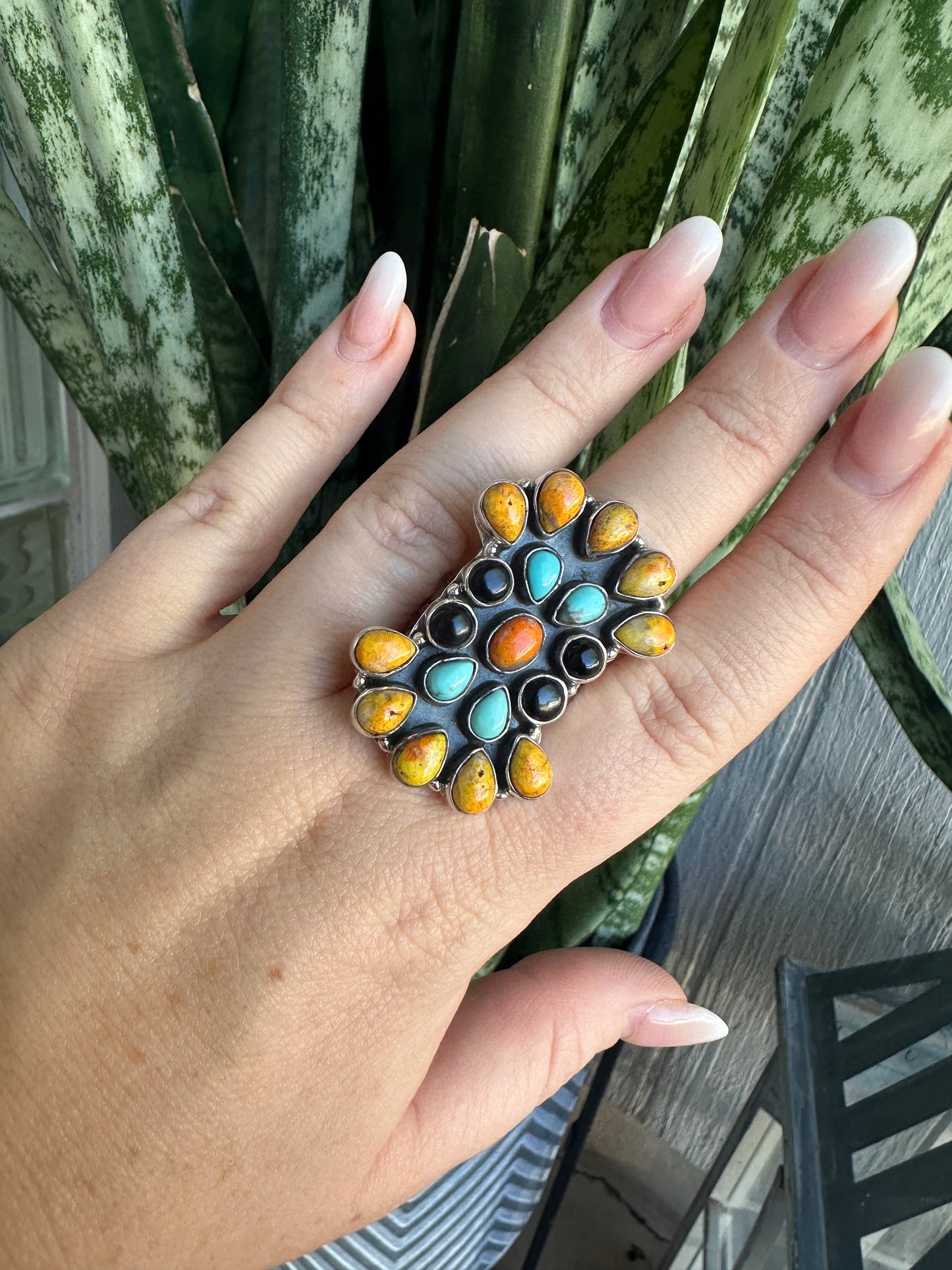 Beautiful Handmade Bumble Bee, Onyx Turquoise And Sterling Silver Adjustable Ring