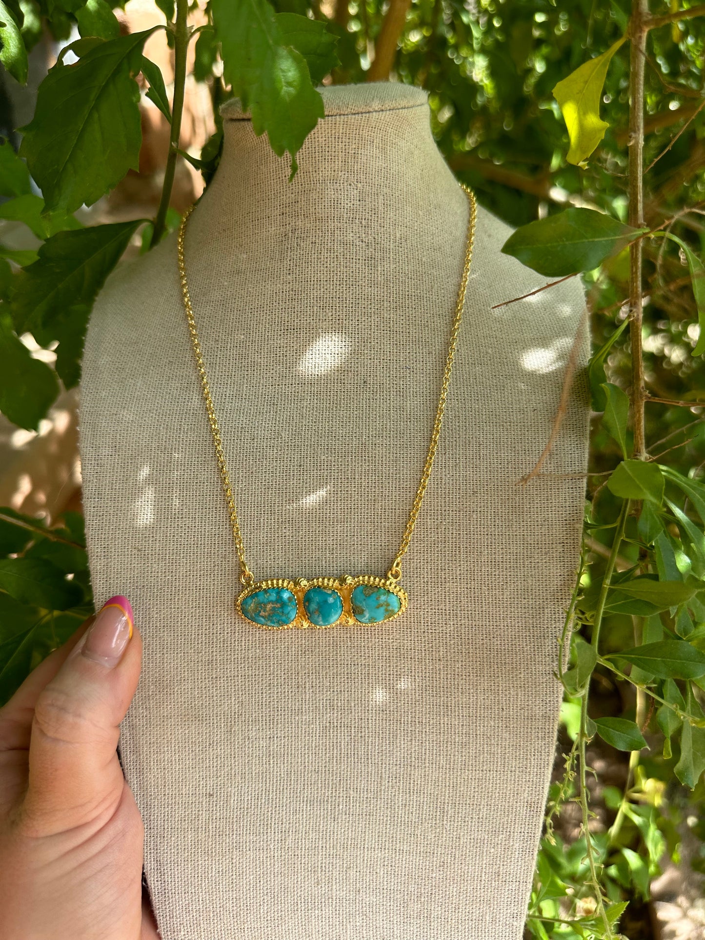 “The Golden Collection” Handmade Turquoise 14k Gold Plated Sterling Silver 3 Stone Bar Necklace