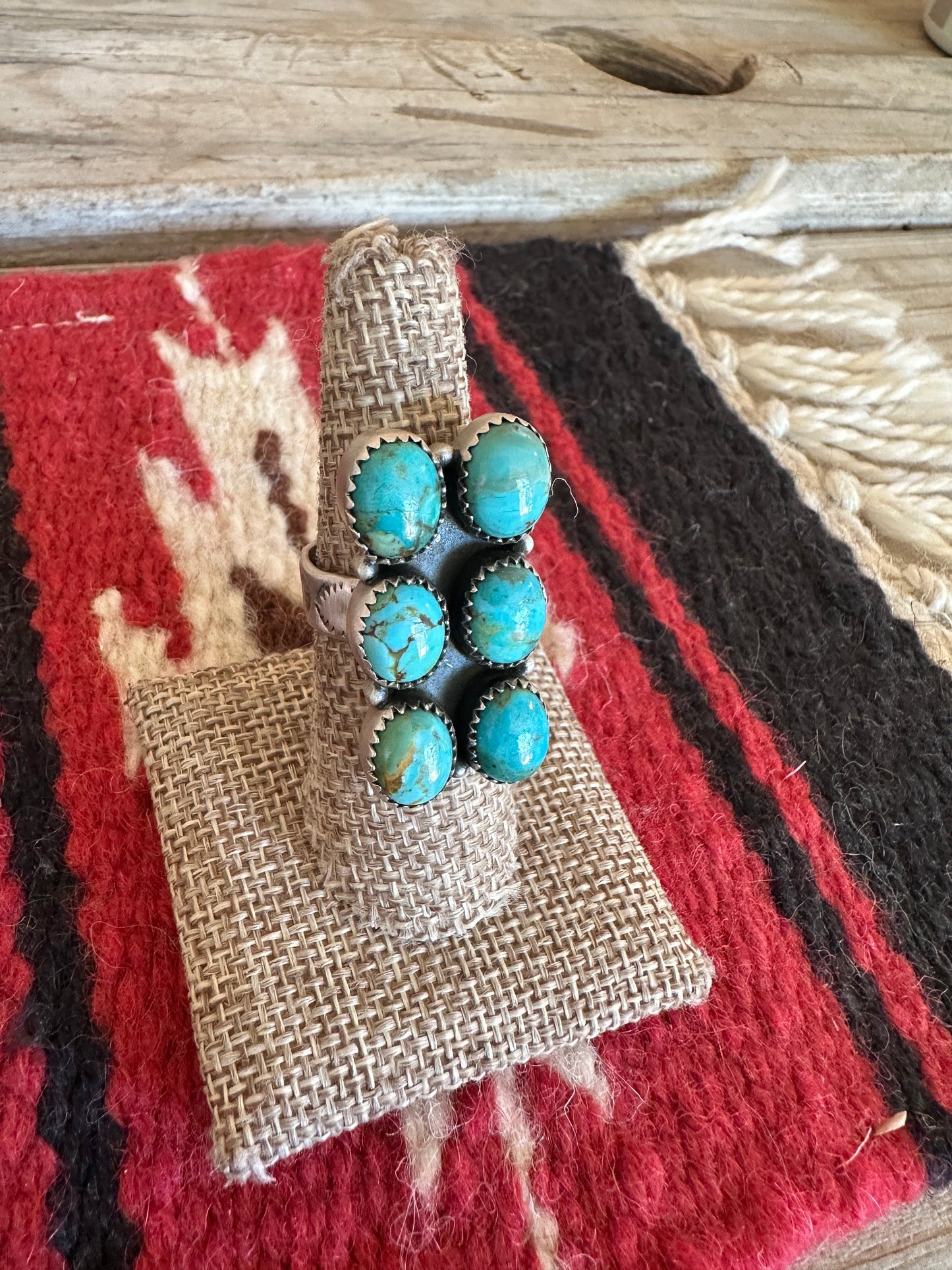 Beautiful Handmade Turquoise And Sterling Silver Adjustable 6 Stone Ring