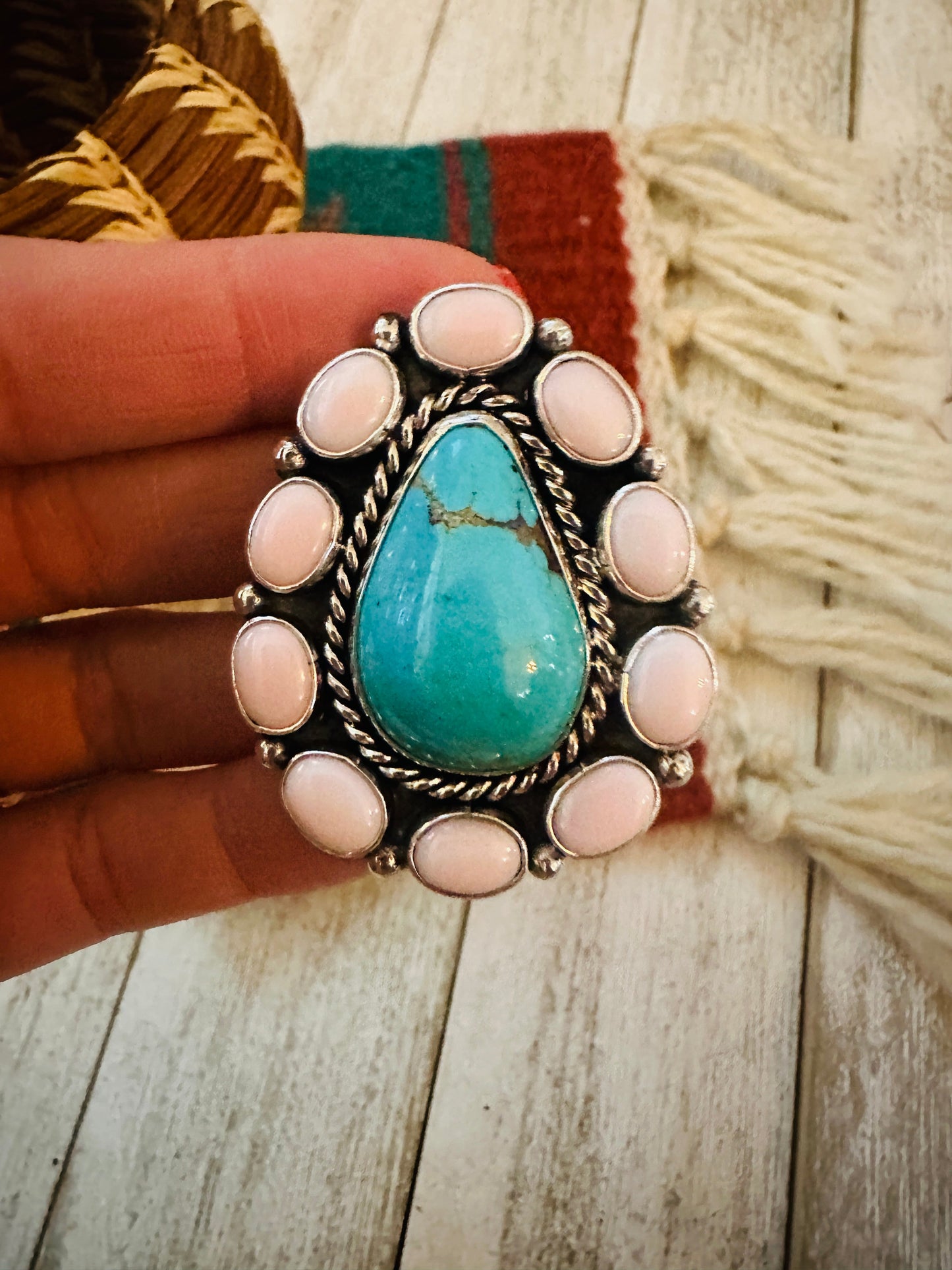 Navajo Sterling Silver, Queen Pink Conch & Turquoise Cluster Adjustable Ring