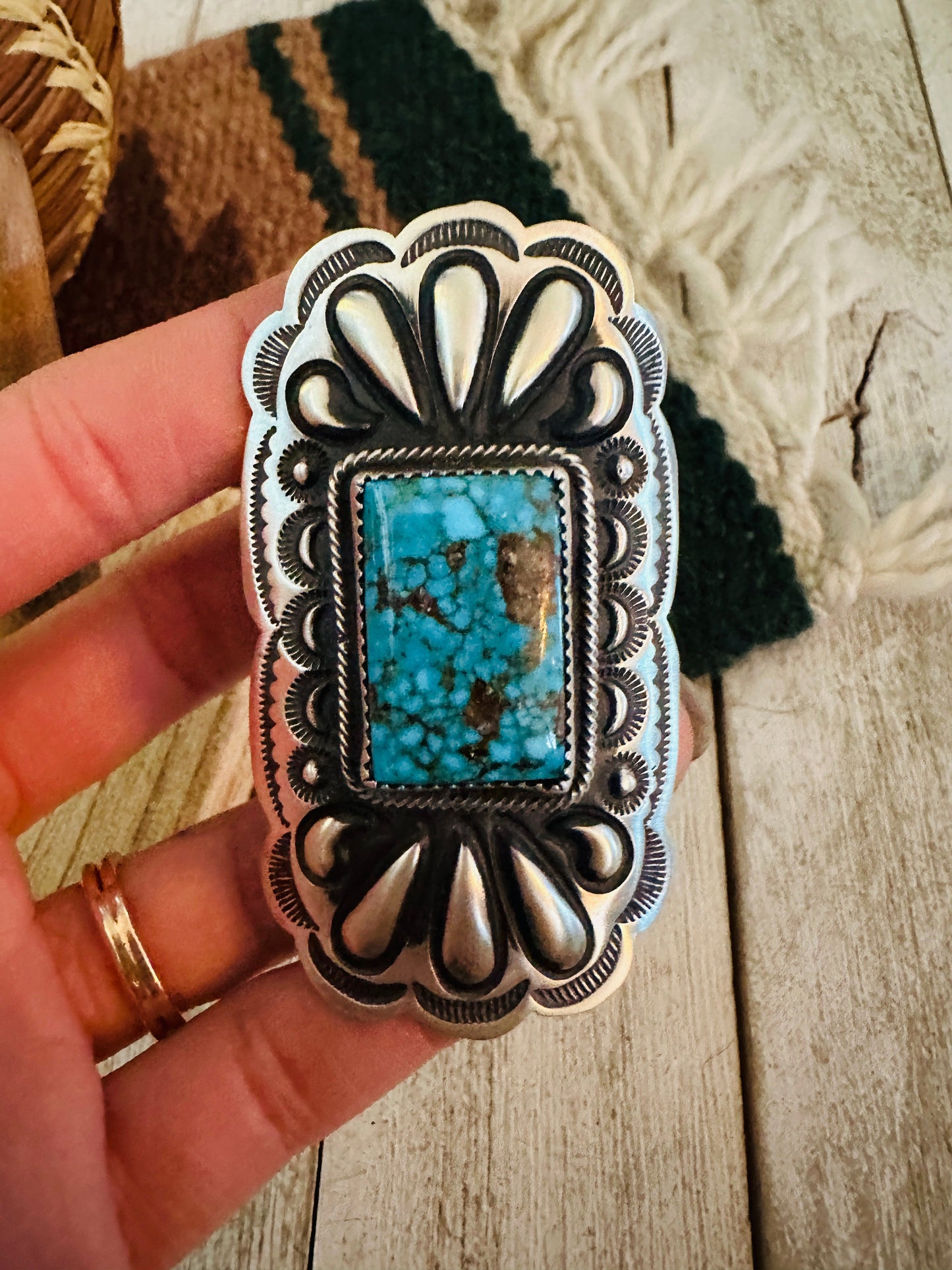 Navajo Turquoise & Sterling Silver Adjustable Concho Ring by Leander Tahe