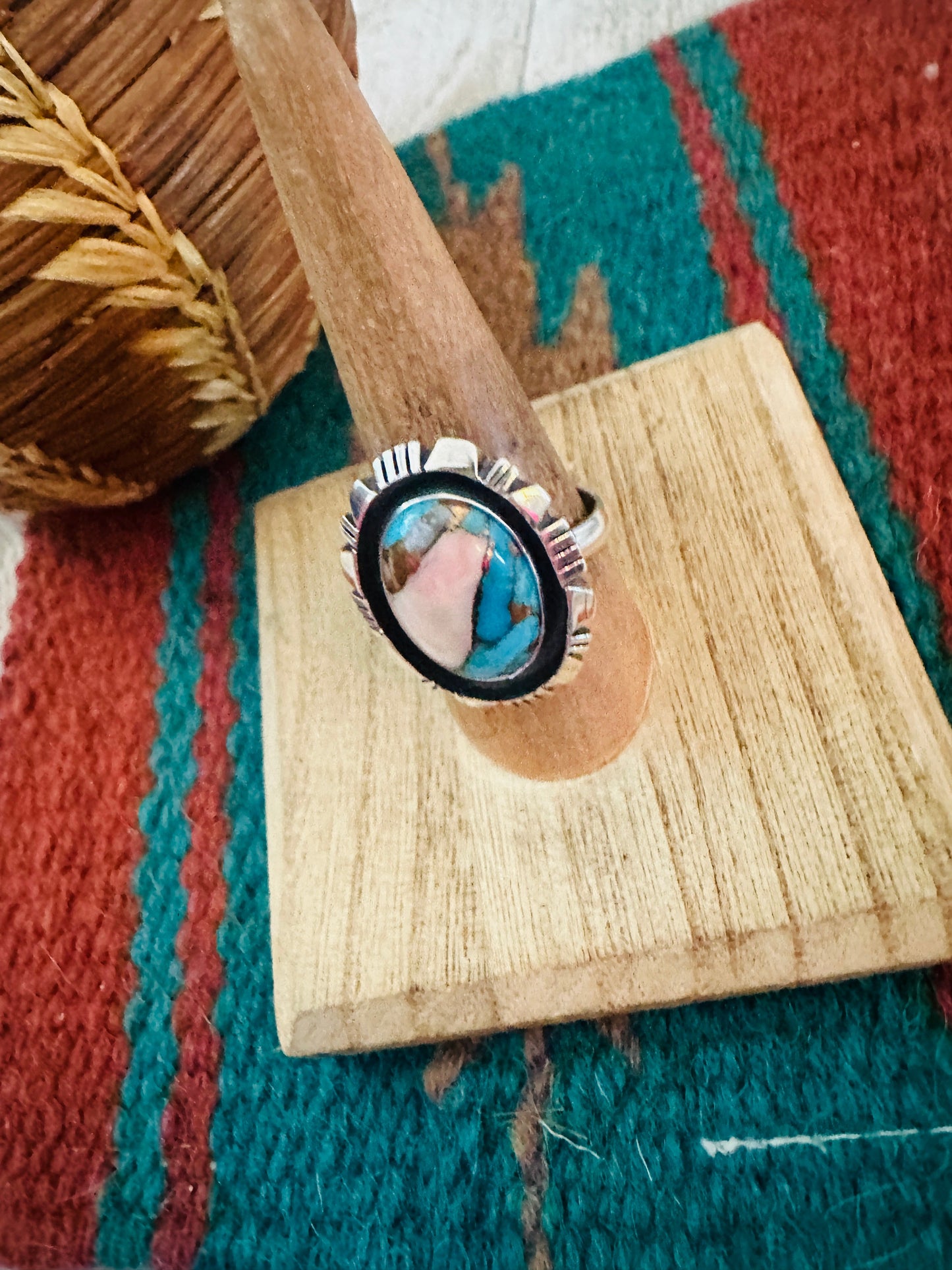 Navajo Sterling Silver & Pink Dream Mojave Adjustable Ring