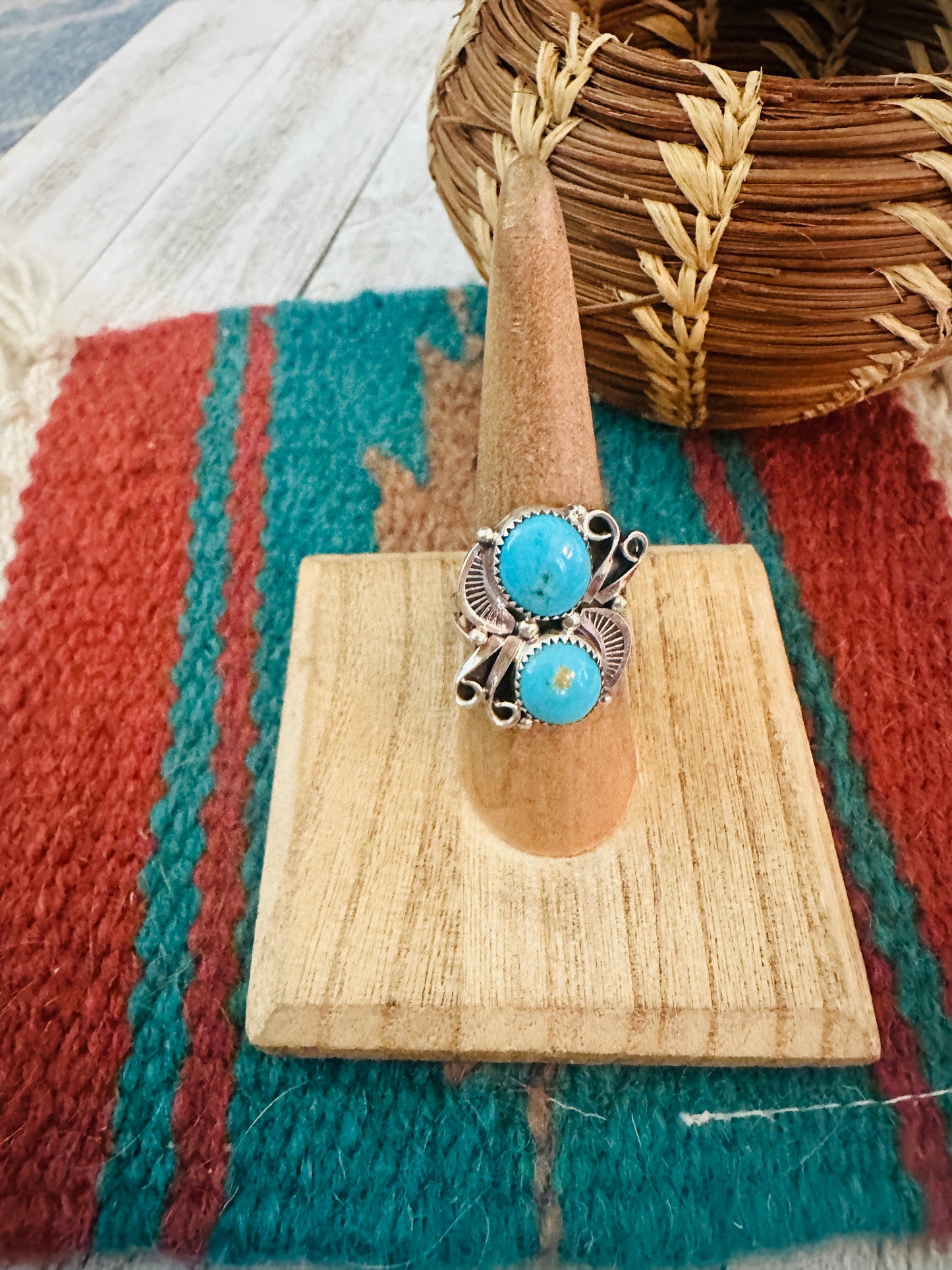 Navajo Turquoise & Sterling Silver Two Stone Ring Size 7.5