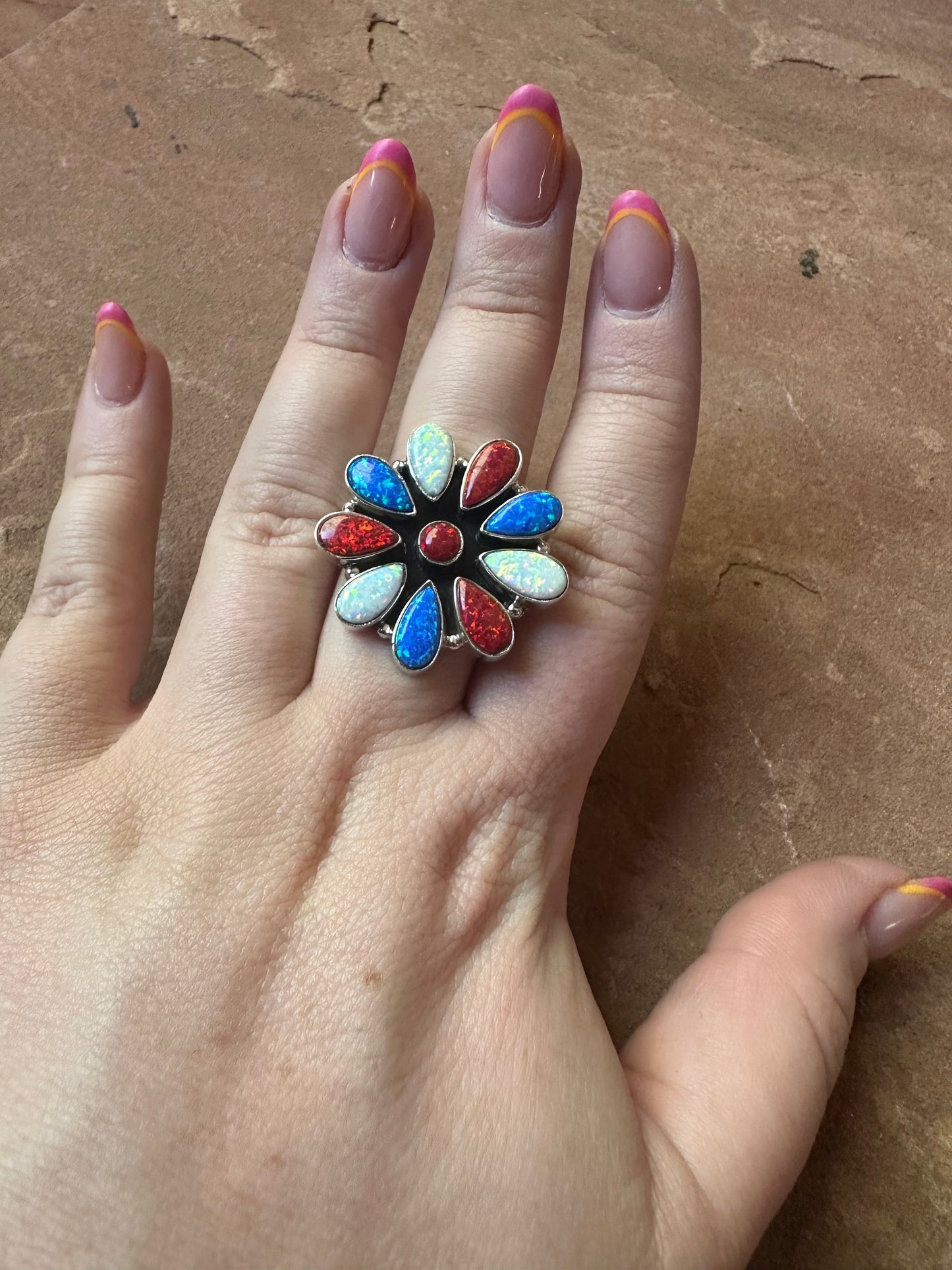 4TH OF JULY COLLECTION Handmade Red, White & Blue Fire Opal & Sterling Silver Adjustable Ring Signed Nizhoni