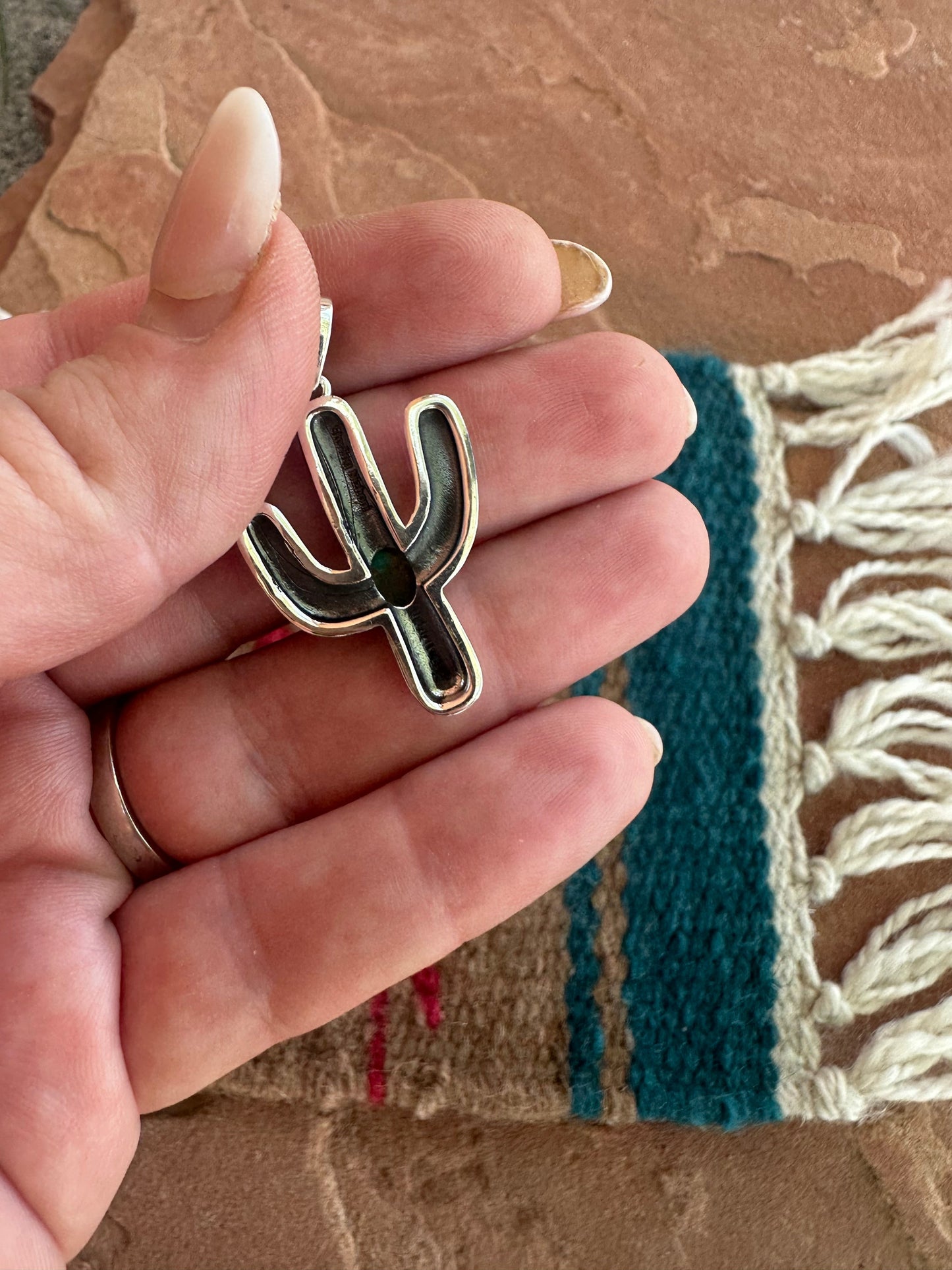 Beautiful Handmade Sterling Silver & Turquoise Cactus Pendant