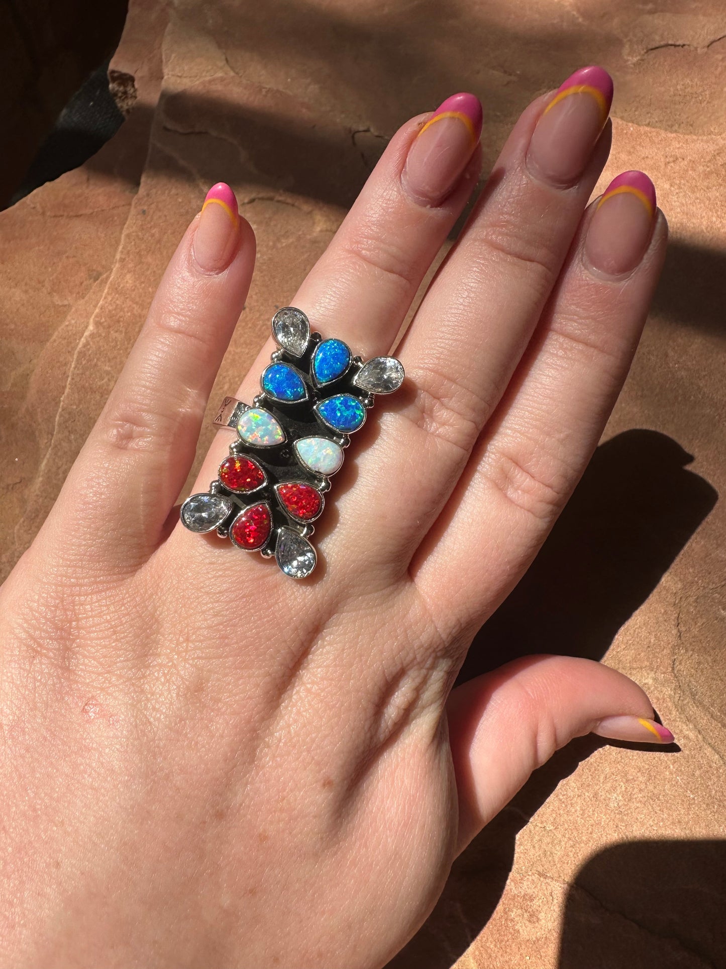 4TH OF JULY COLLECTION Handmade Red, White & Blue Fire Opal & Sterling Silver Adjustable Ring Signed Nizhoni