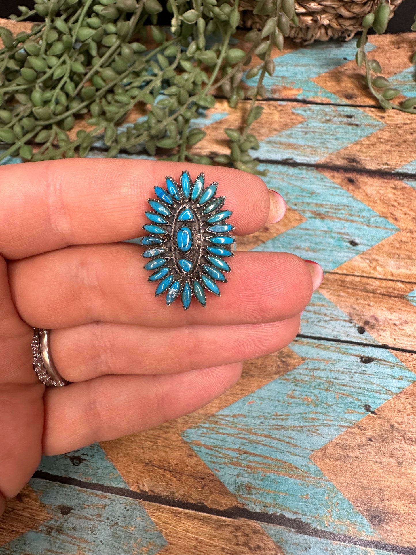 Handmade Sterling Silver & Needlepoint Turquoise Adjustable Ring