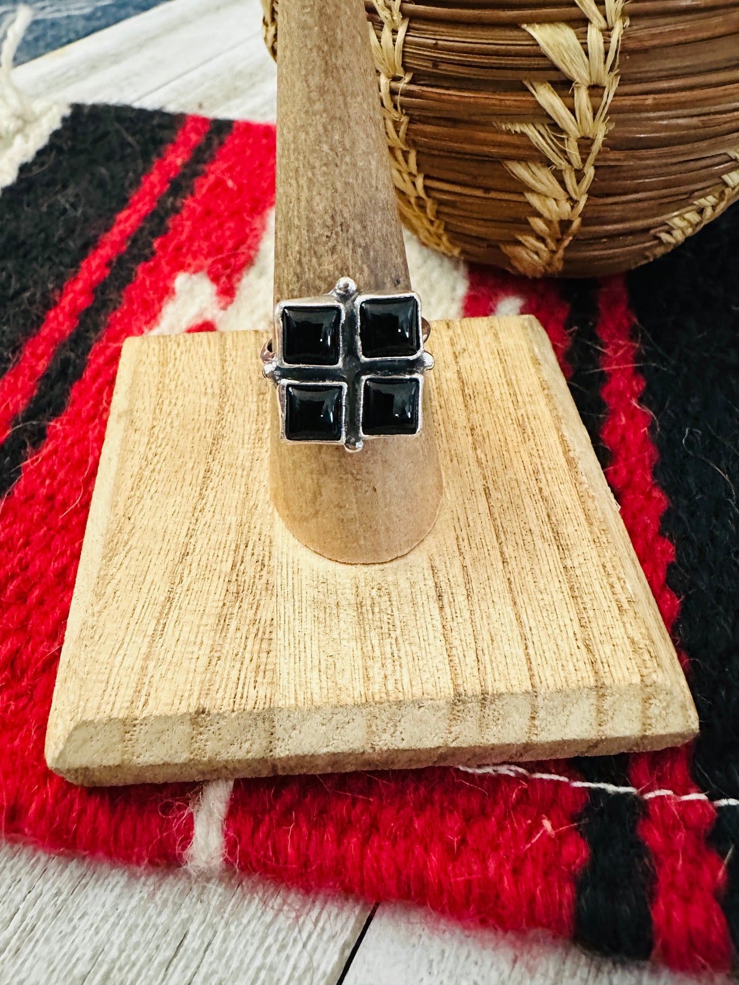 Navajo Sterling Silver & Black Onyx Cluster Adjustable Ring