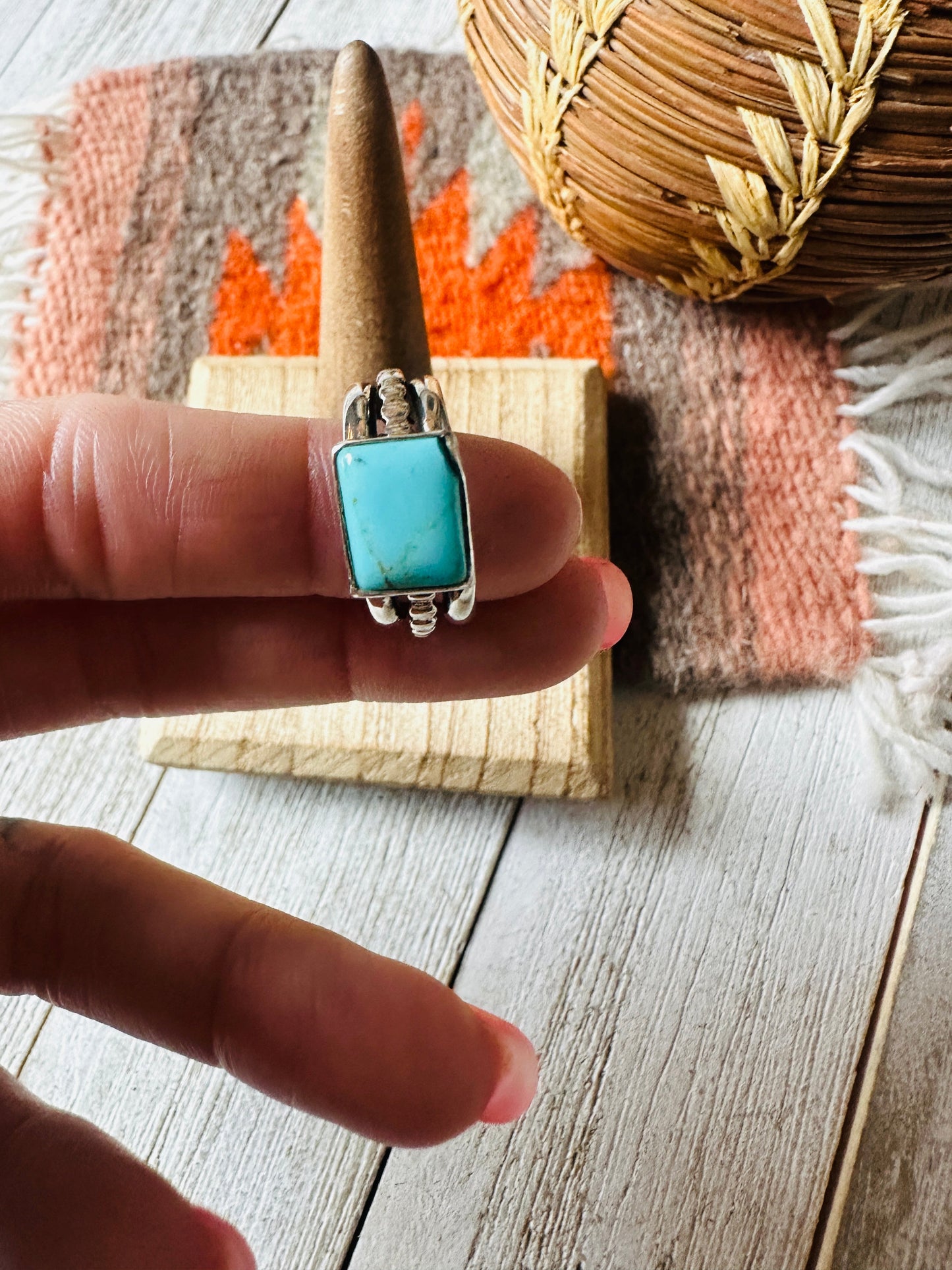 Navajo Turquoise & Sterling Silver Rectangle Ring Size 6.75