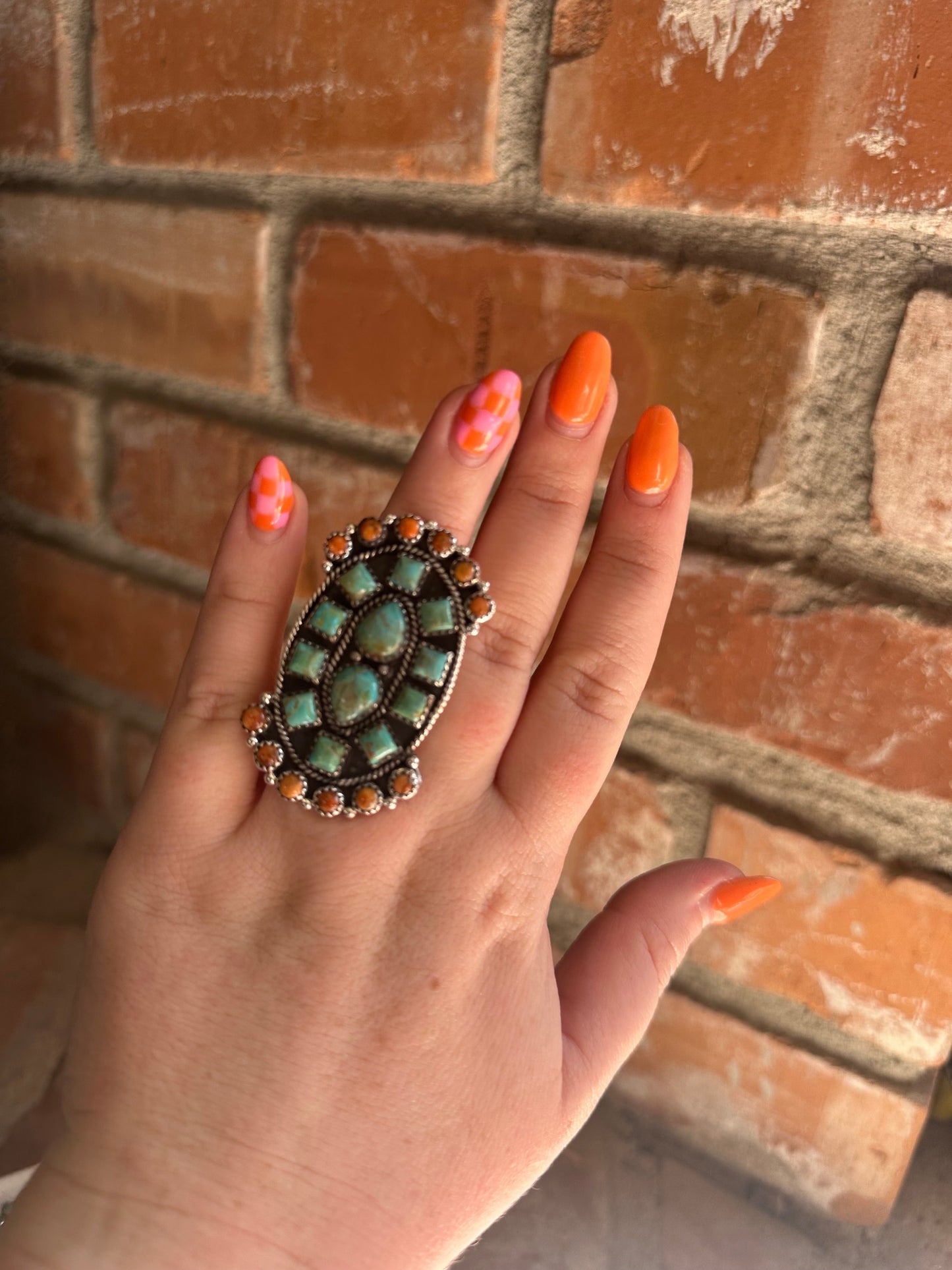 Beautiful Handmade Sterling Silver, Turquoise & Orange Mojave Adjustable Ring