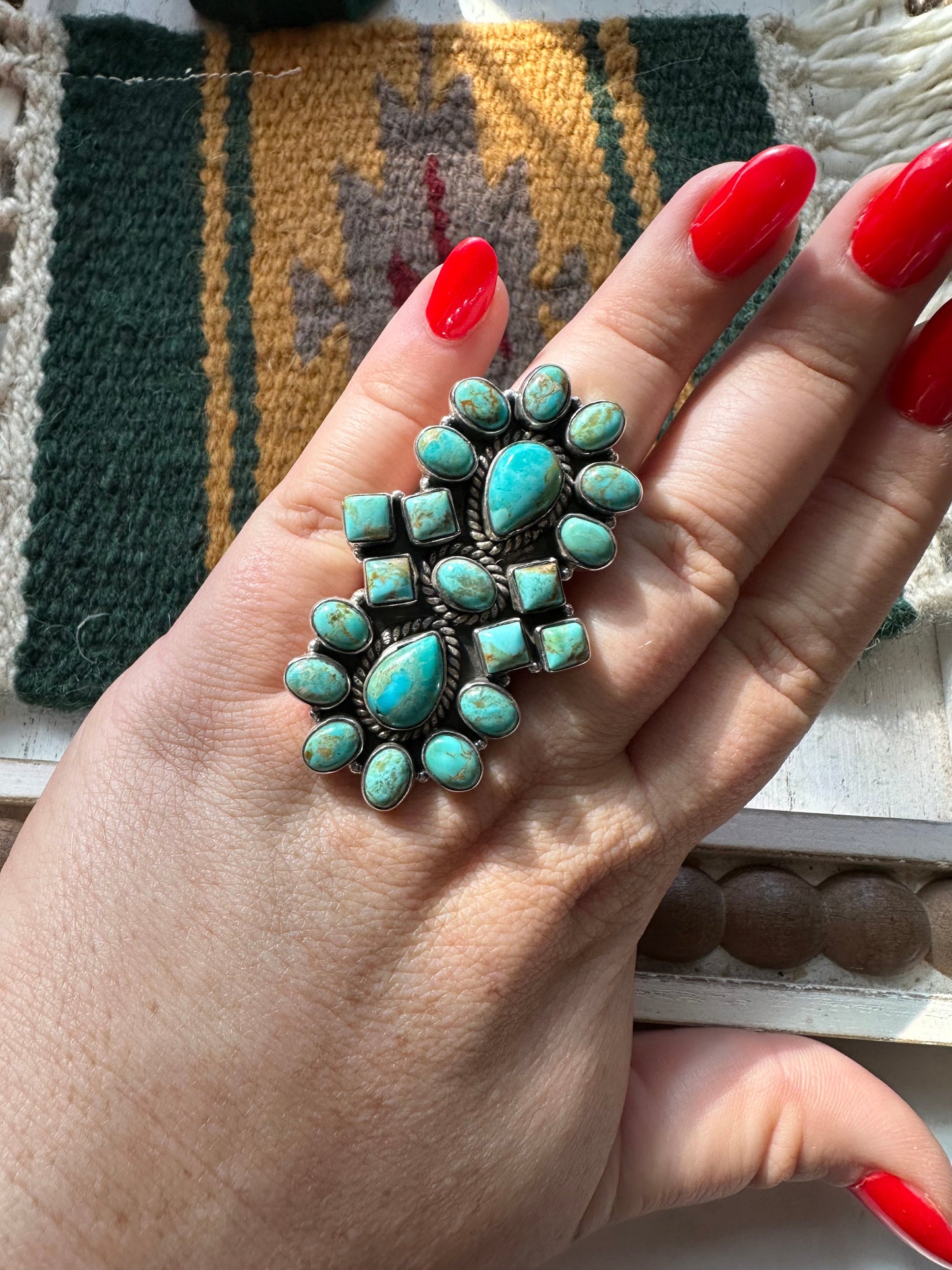 “The September” Nizhoni Handmade Adjustable Turquoise Sterling Silver Ring (Green) Style 2