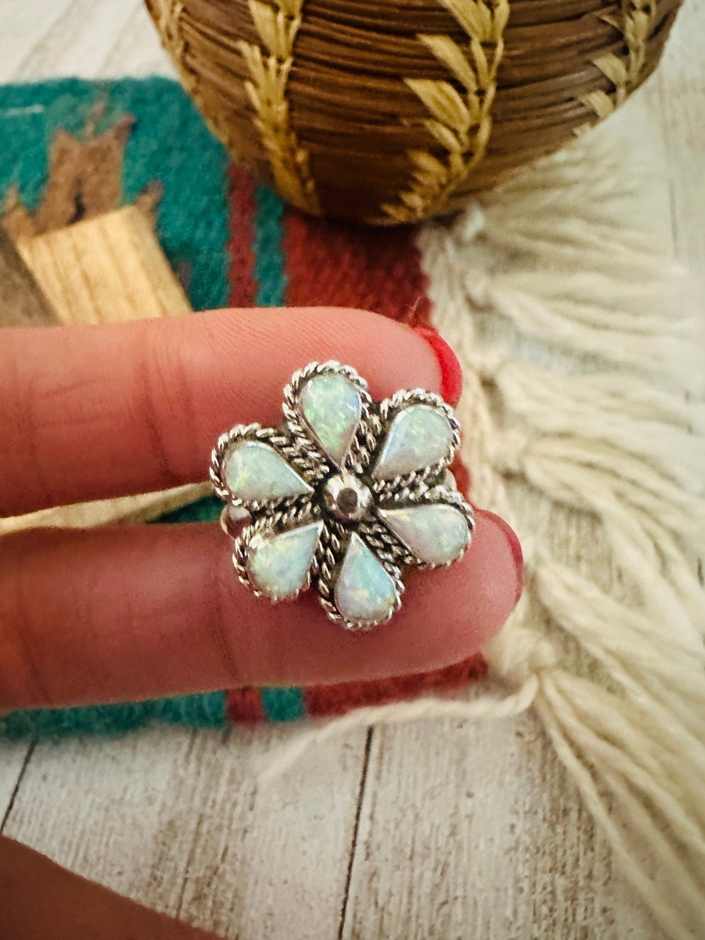 Zuni Sterling Silver & White Opal Flower Ring