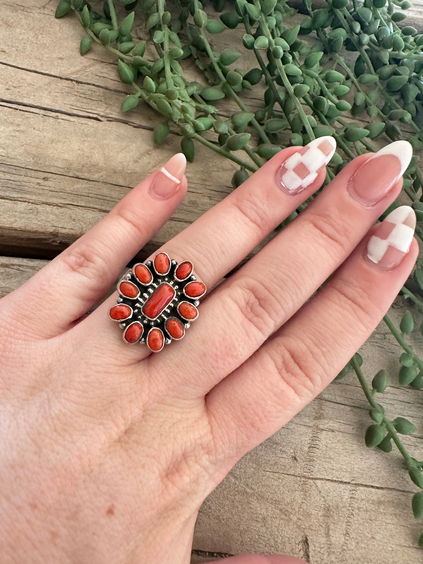 Beautiful Handmade Natural Coral And Sterling Silver Adjustable Square Cluster Ring style 2