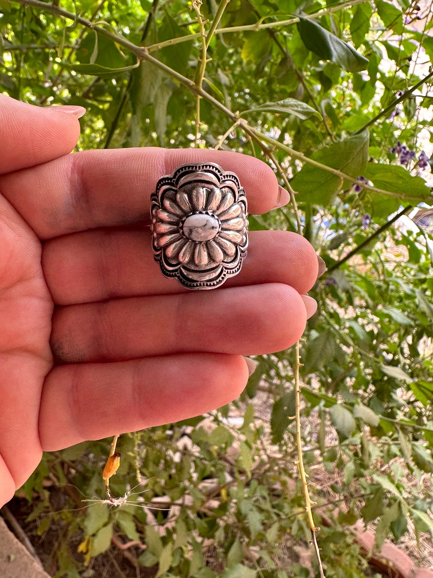 Beautiful Concho Handmade White Buffalo And Sterling Silver Adjustable Ring