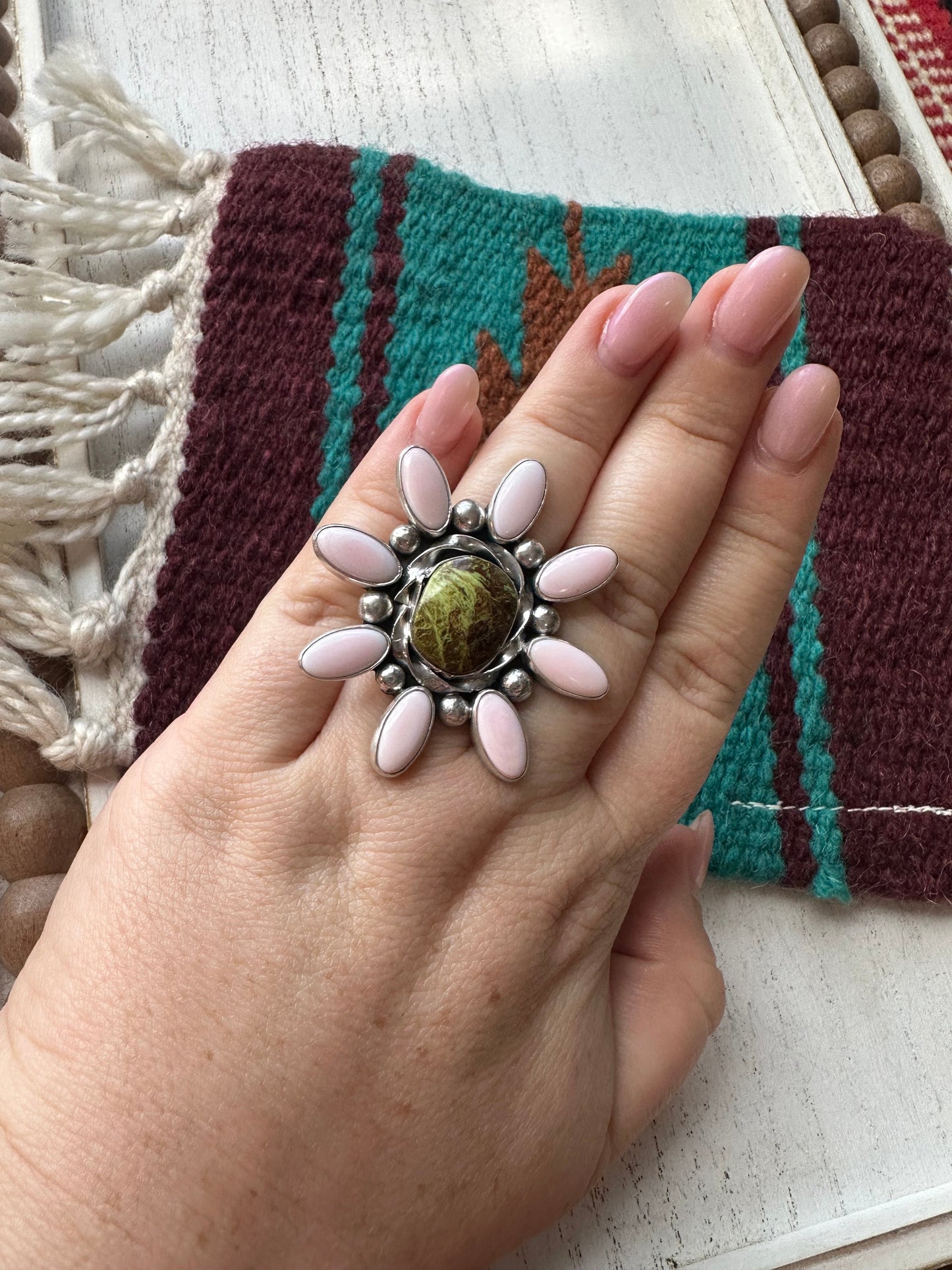 “Pink Blossom” Gorgeous Navajo Turquoise, Pink Conch And Sterling Silver Adjustable Flower Ring Signed