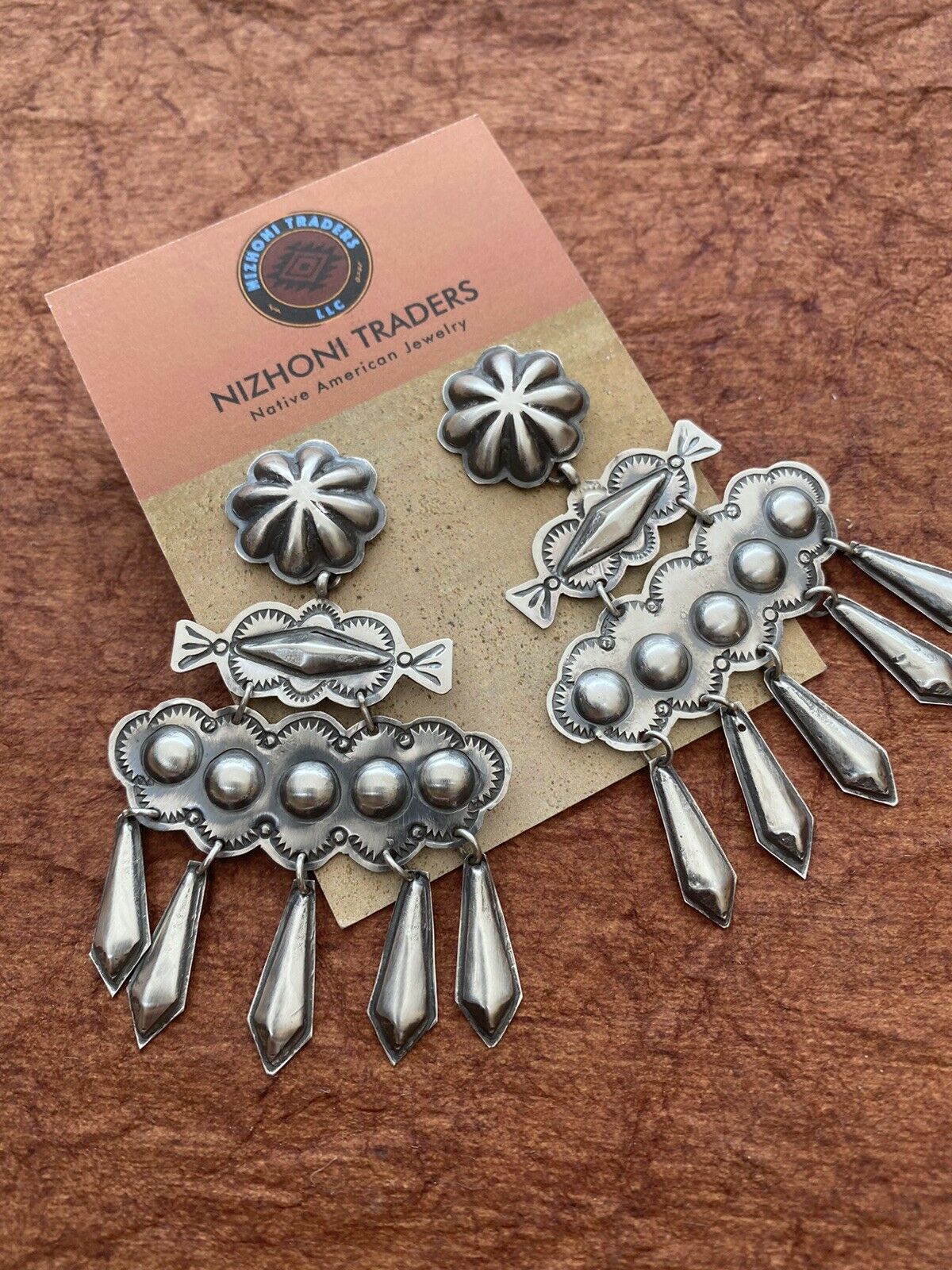 Beautiful Navajo Sterling Silver Concho Dangle Earrings