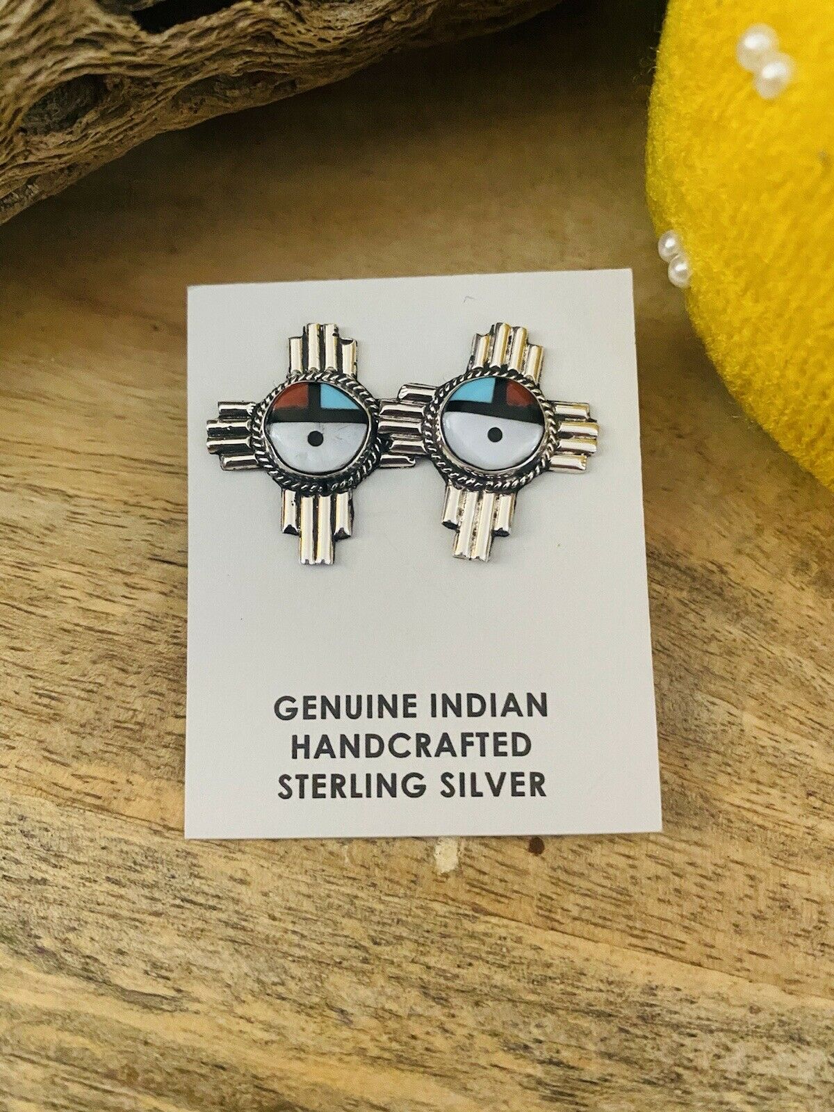 Zuni Sun Face Multi Stone And Sterling Cross Stud Earrings