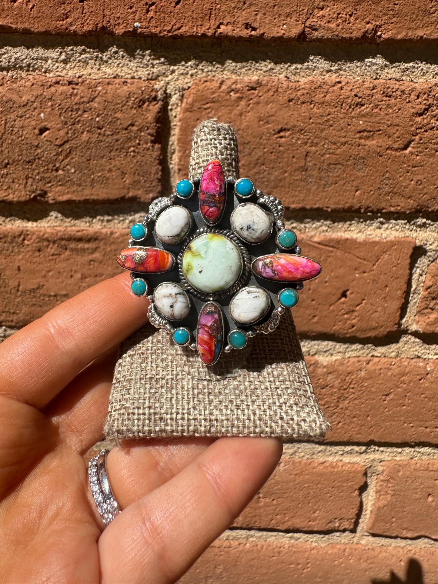 Beautiful Handmade Pink Dream Mojave, Turquoise, White Buffalo, Palomino Turquoise And Sterling Silver Adjustable Statement Ring