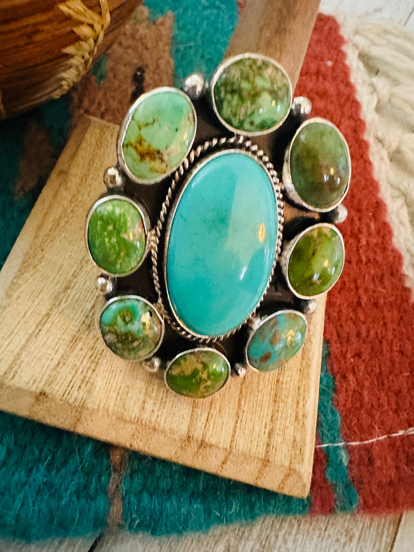 Navajo Sterling Silver & Multi Turquoise Cluster Adjustable Ring