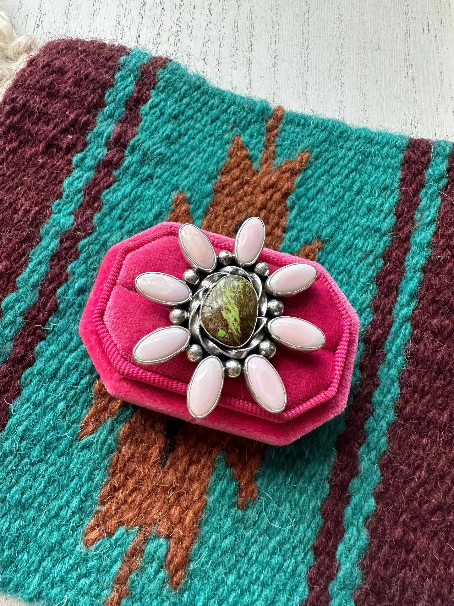 “Pink Blossom” Gorgeous Navajo Turquoise, Pink Conch And Sterling Silver Adjustable Flower Ring Signed