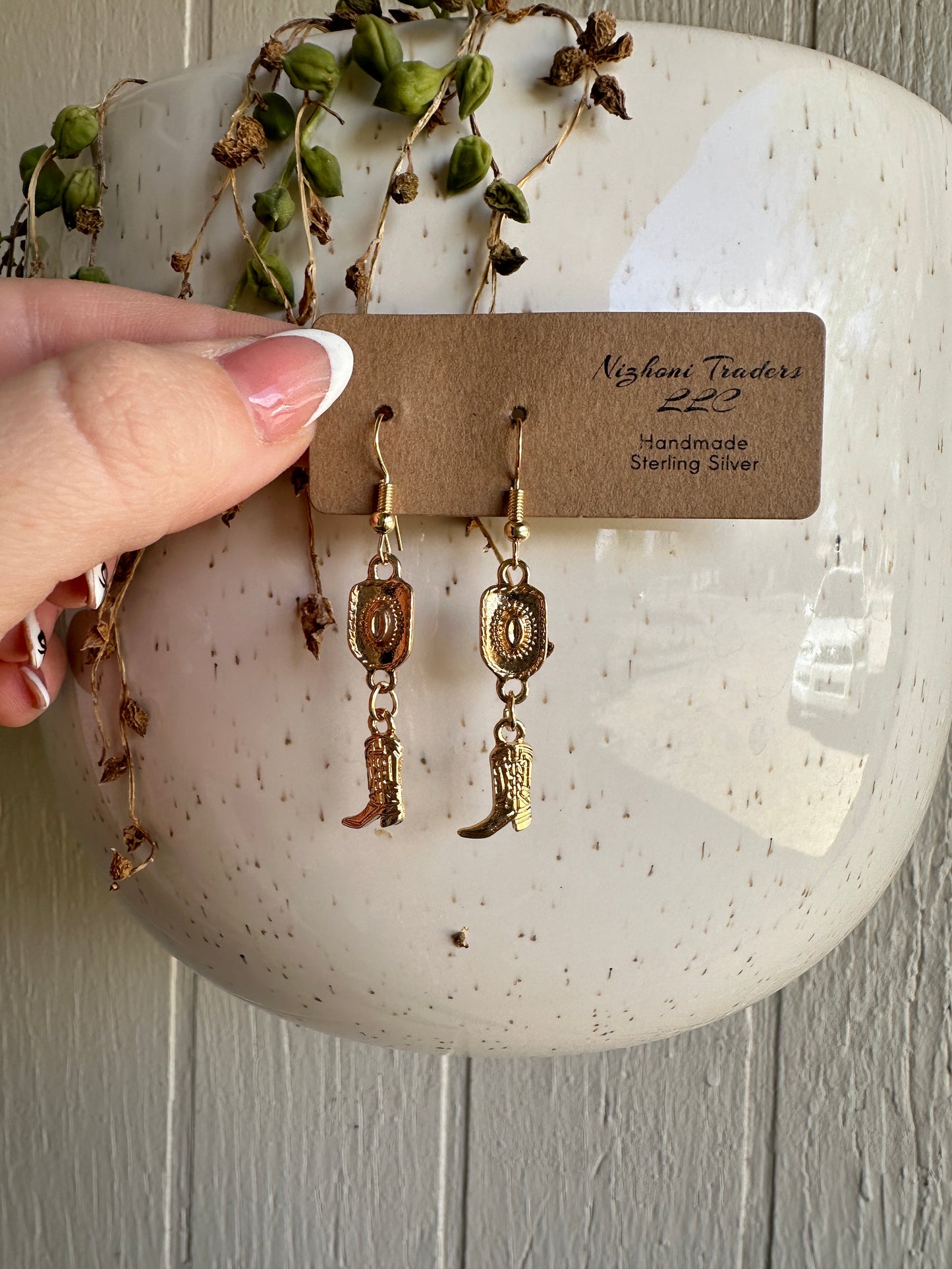 “The Golden Collection” Handmade 14k Gold Plated Cowboy Hat Cowboy Boot Hook Dangle Earrings