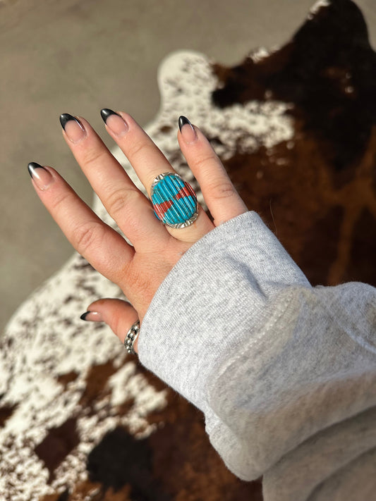 Beautiful Handmade Turquoise, Coral, And Sterling Silver Adjustable Ring Signed Nizhoni