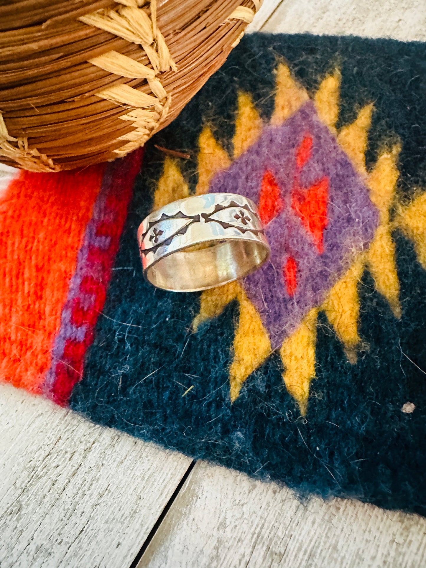 Navajo Hand Stamped Sterling Silver Band Ring Size 15