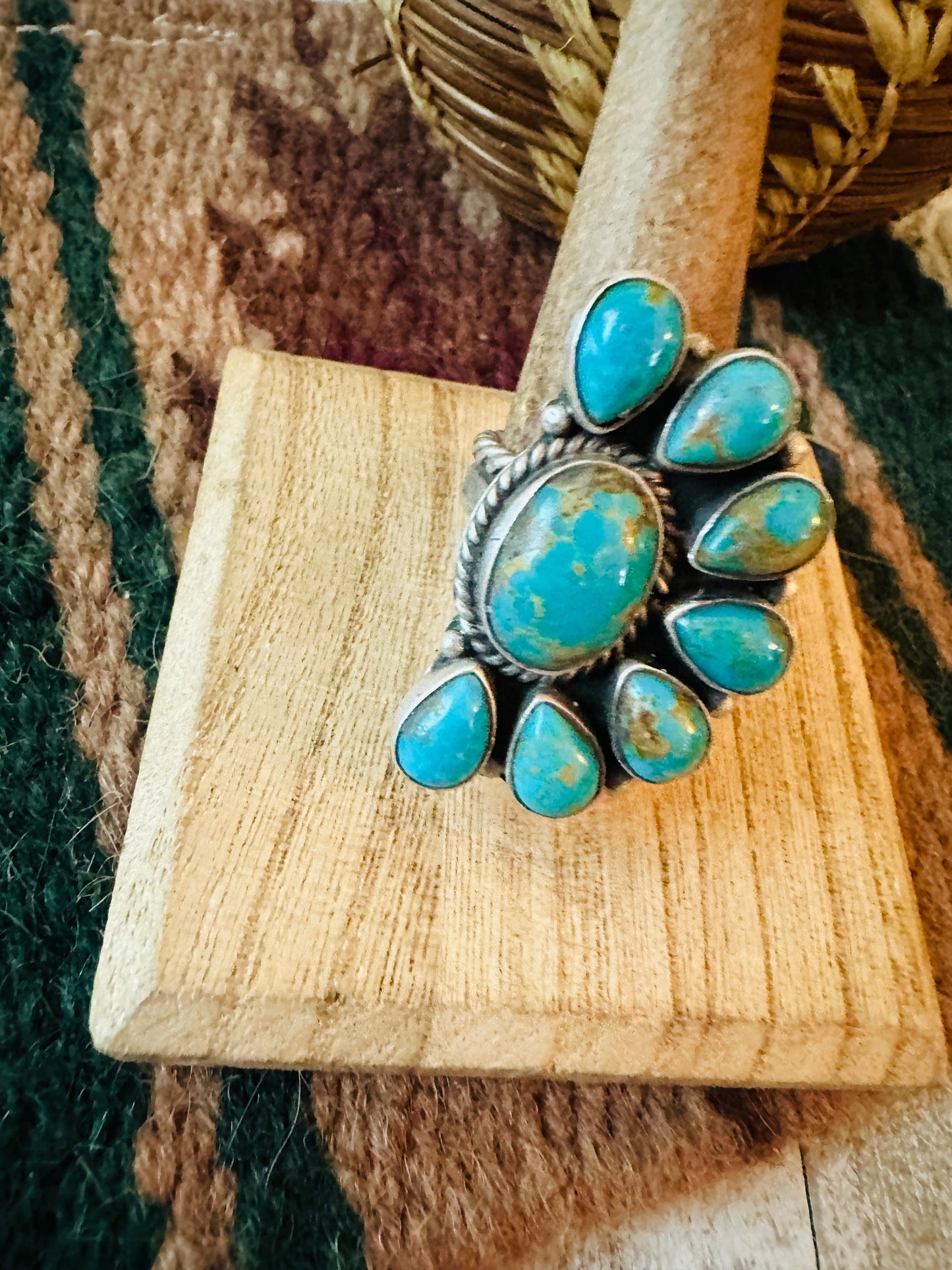 Navajo Turquoise & Sterling Silver Cluster Adjustable Ring