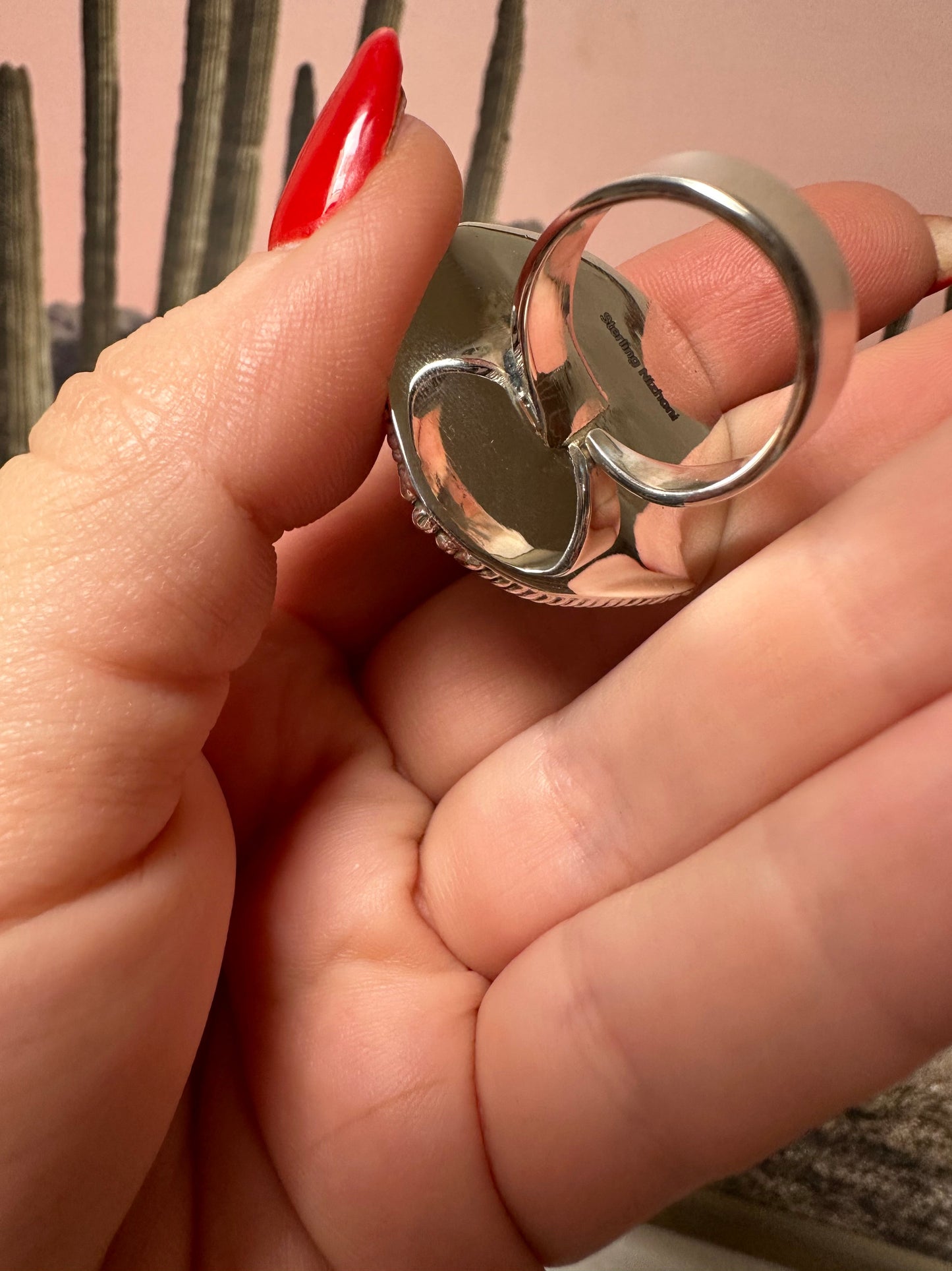 Beautiful Handmade Pink Dream Mojave, Turquoise And Sterling Silver Adjustable Circle Ring