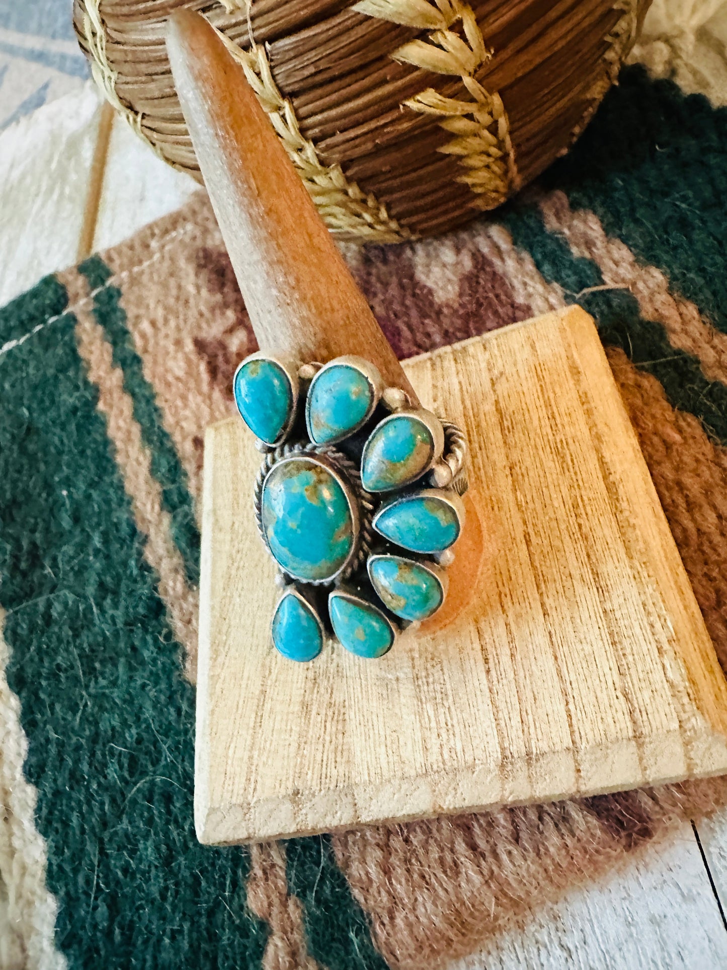 Navajo Turquoise & Sterling Silver Cluster Adjustable Ring