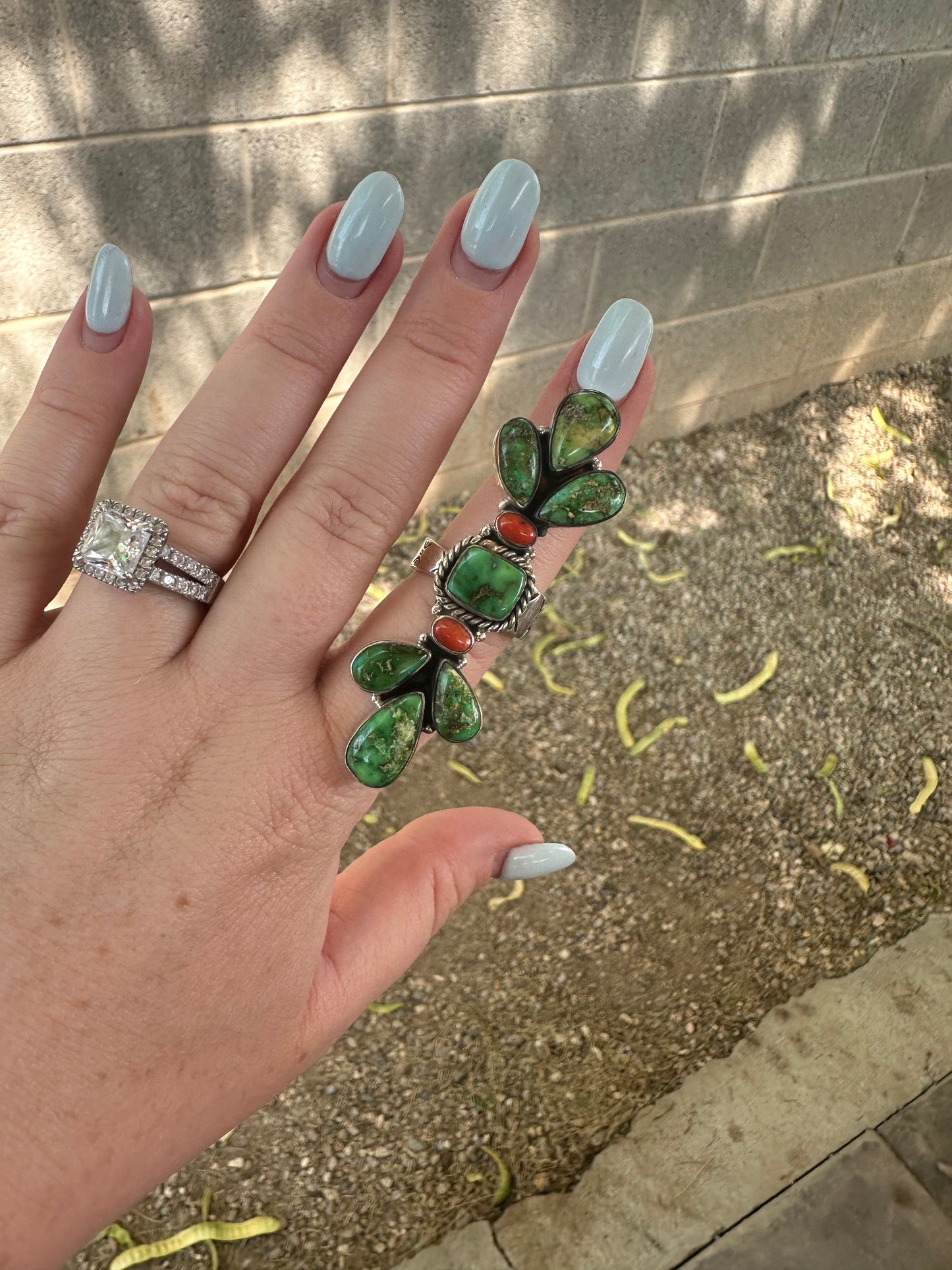 Beautiful Handmade Coral, Sonoran Turquoise And Sterling Silver Adjustable Ring