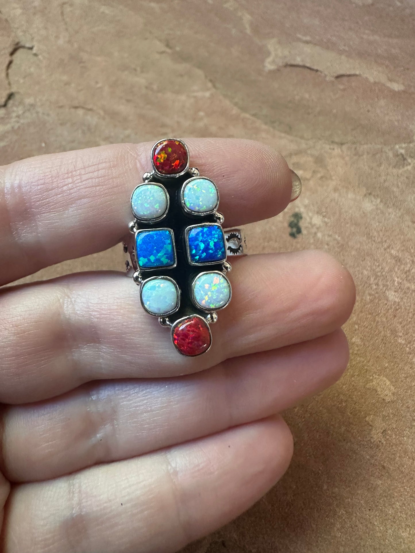 4TH OF JULY COLLECTION Handmade Red, White & Blue Fire Opal & Sterling Silver Adjustable Ring Signed Nizhoni