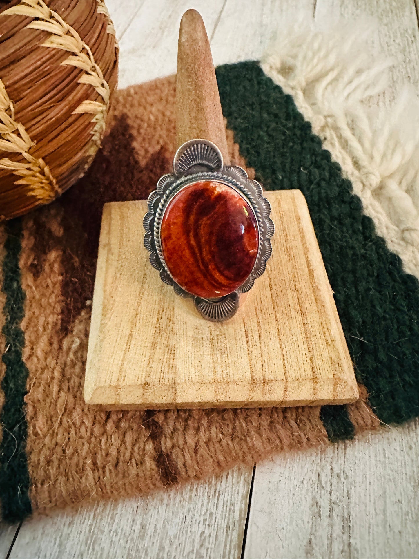 Navajo Orange Spiny & Sterling Silver Ring Size 8.5