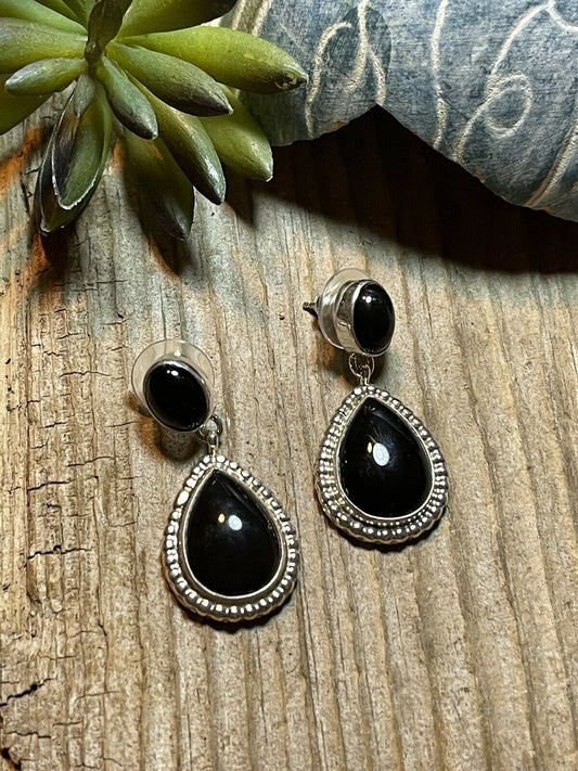 Beautiful Navajo Sterling Silver Black Onyx Teardrop Post Dangle Earrings