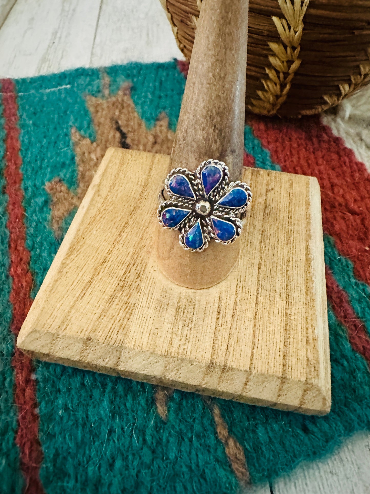 Zuni Sterling Silver & Purple Opal Flower Ring