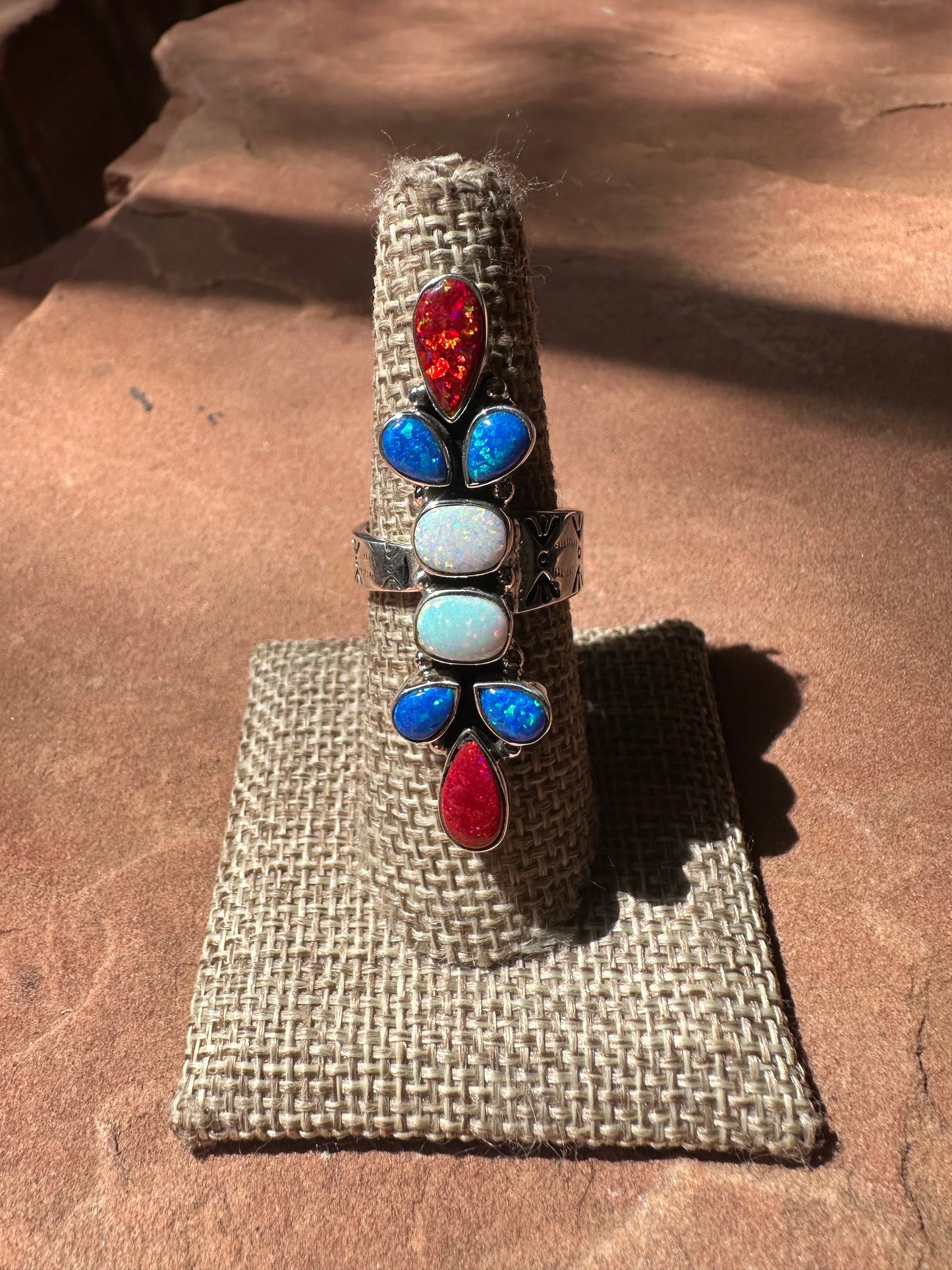 4TH OF JULY COLLECTION Handmade Red, White & Blue Fire Opal & Sterling Silver Adjustable Ring Signed Nizhoni