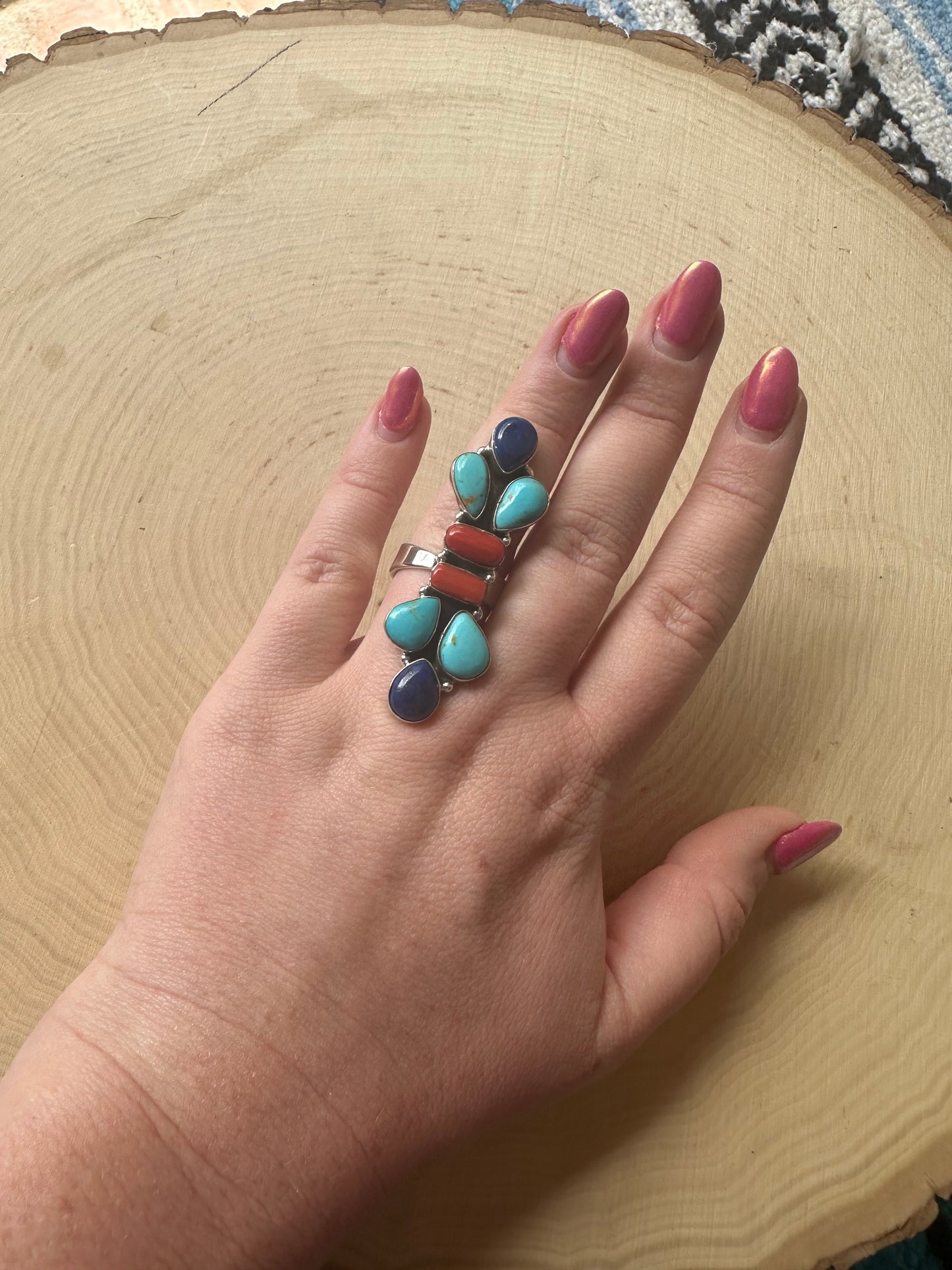 Beautiful Handmade Sterling Silver Lapis, Turquoise & Coral Adjustable Ring